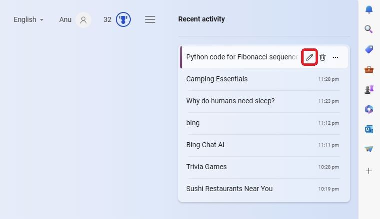 Screenshot highlighting the pencil icon in Bing AI Chat's search historical previous