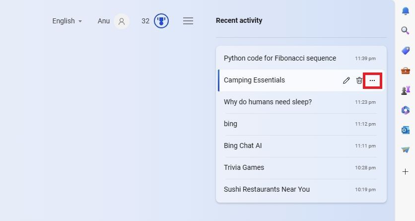 Screenshot of the three-dot menu in Bing AI Chat's search historical previous