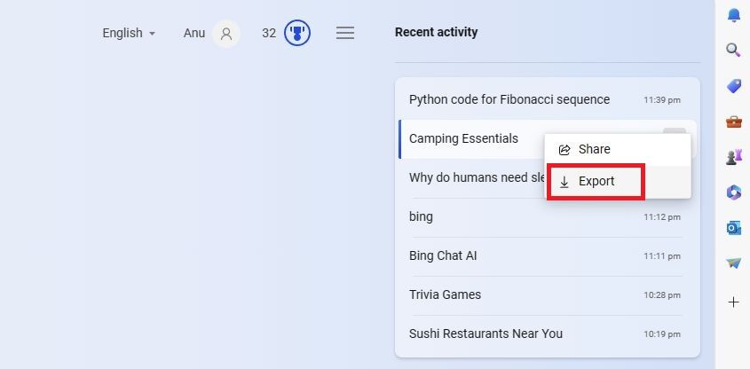 Screenshot highlighting the 'Export' option in Bing AI Chat's search historical previous