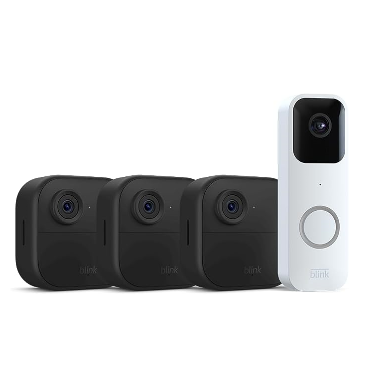 Blink video doorbell plus three security cameras in shadowy