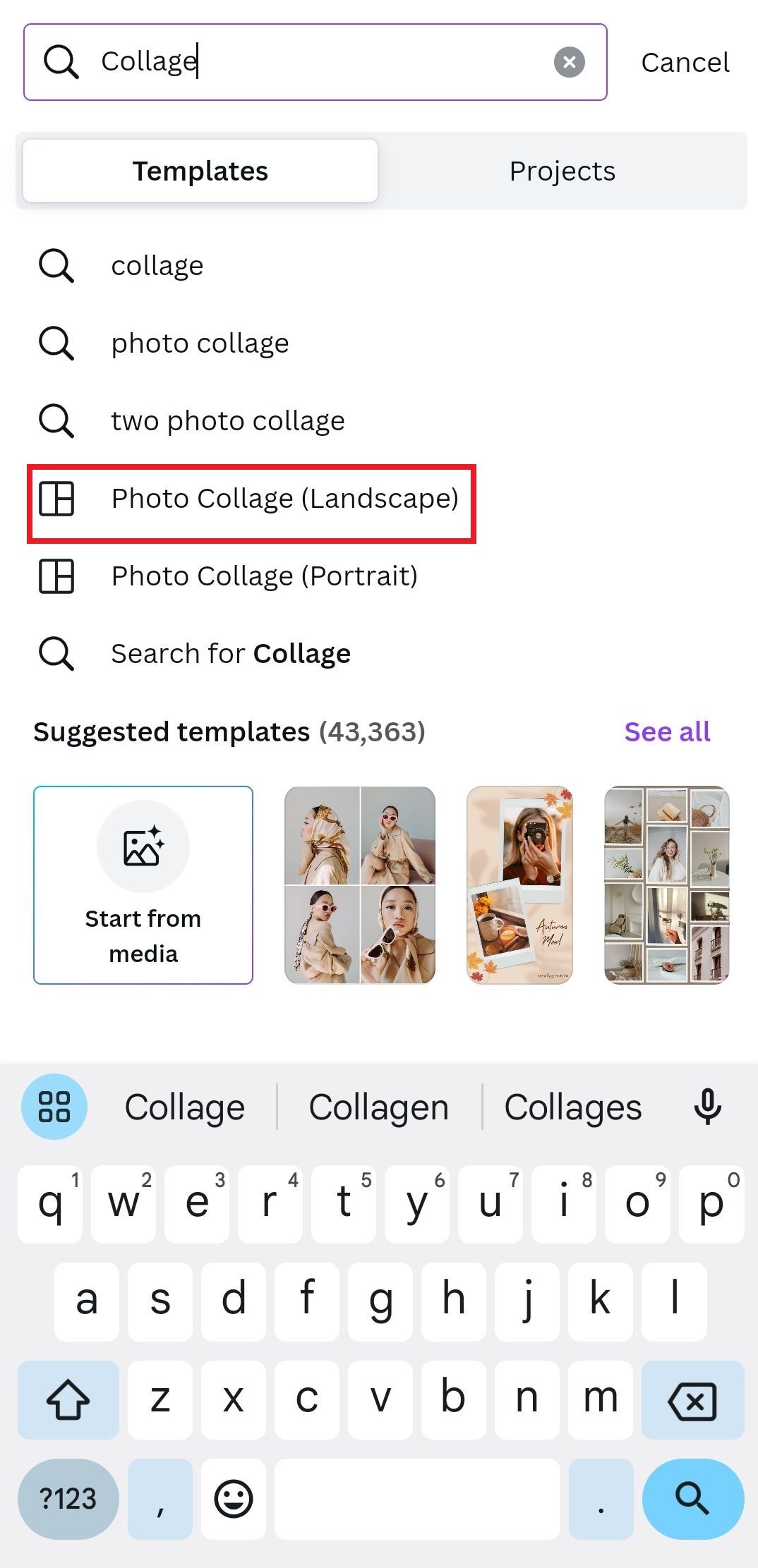 Screenshot showing the photo collage options in Canva