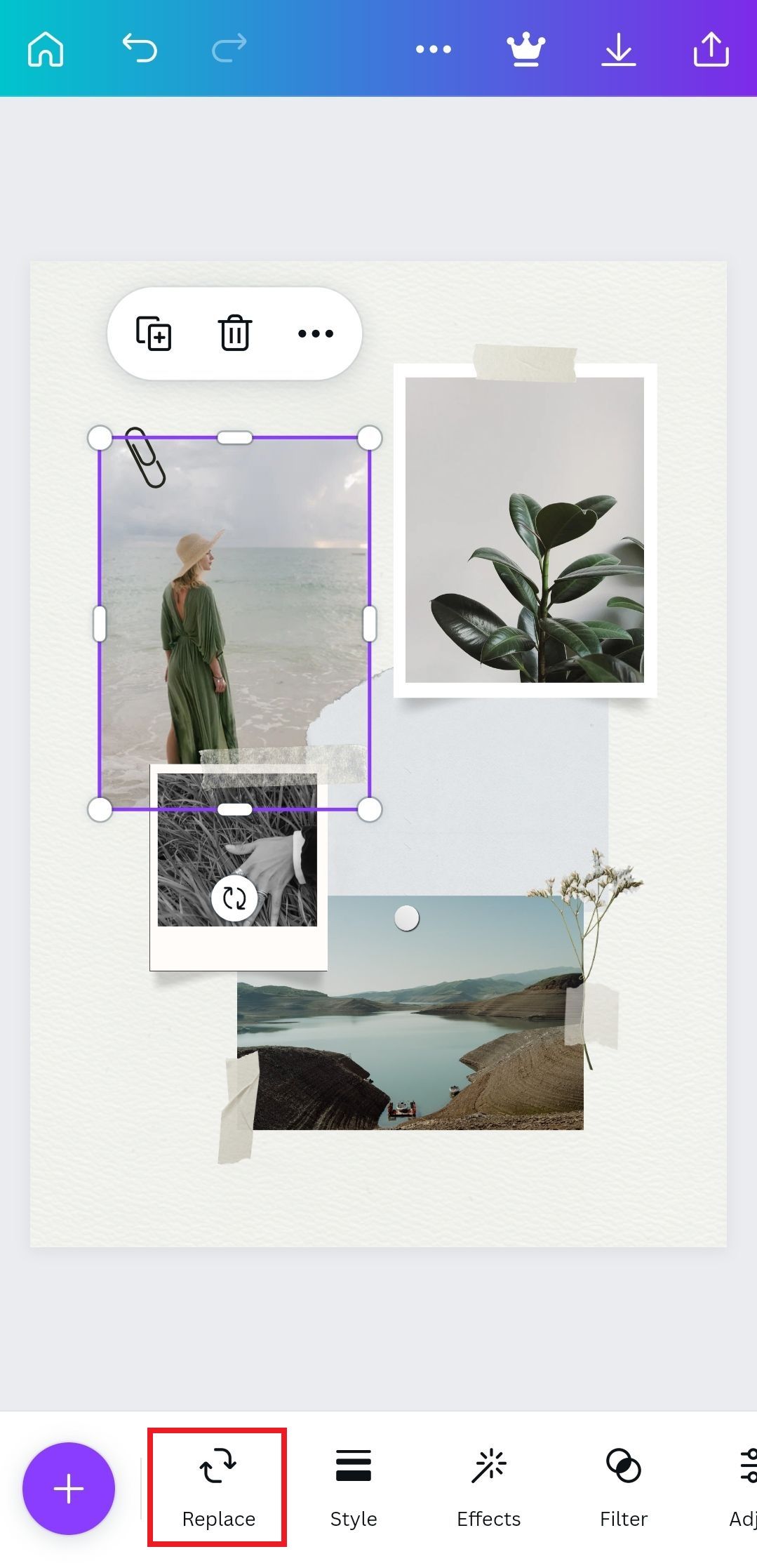 Screenshot highlighting the 'Replace' option in Canva