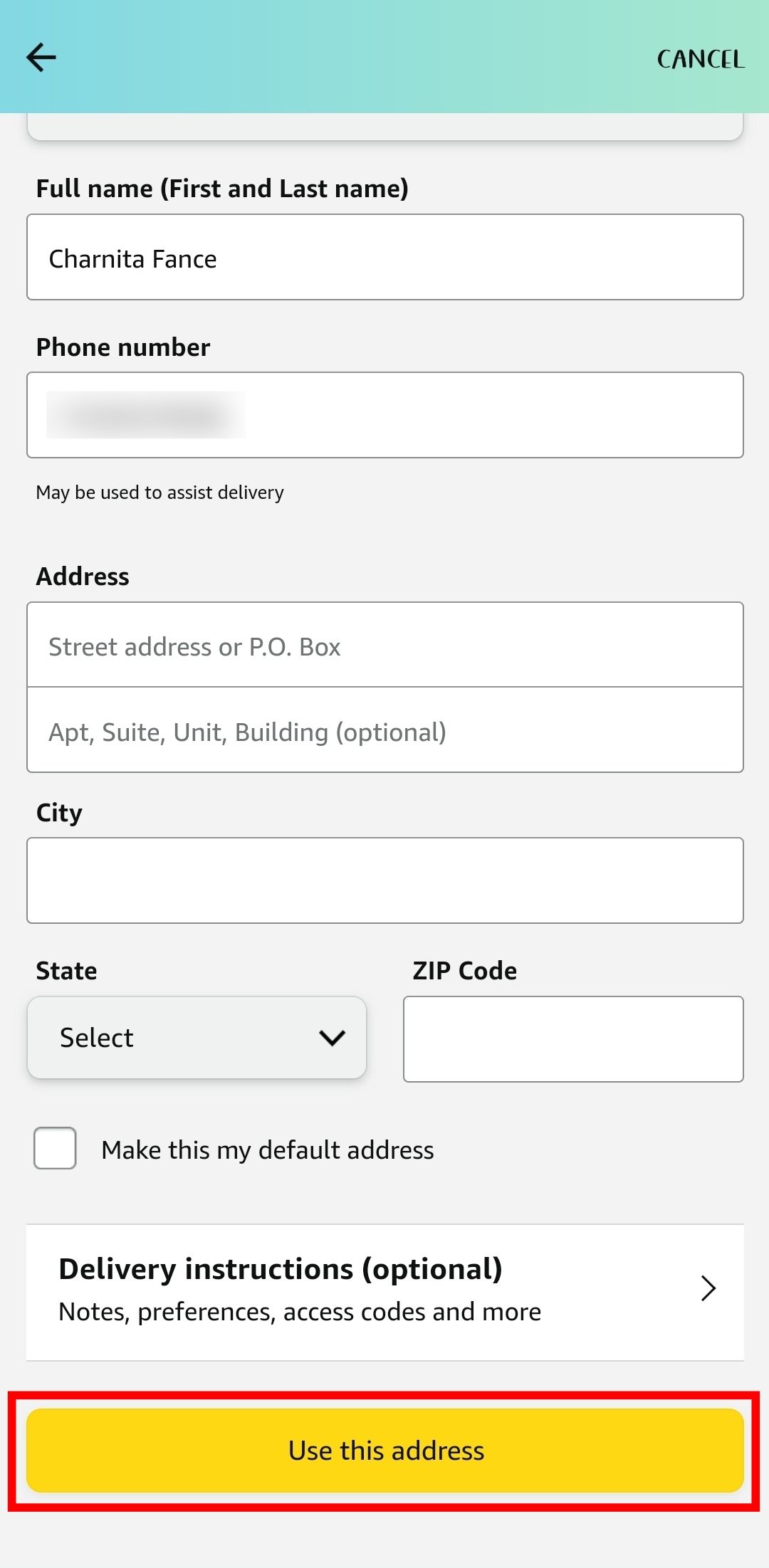 Add a new address at Amazon checkout in the mobile app