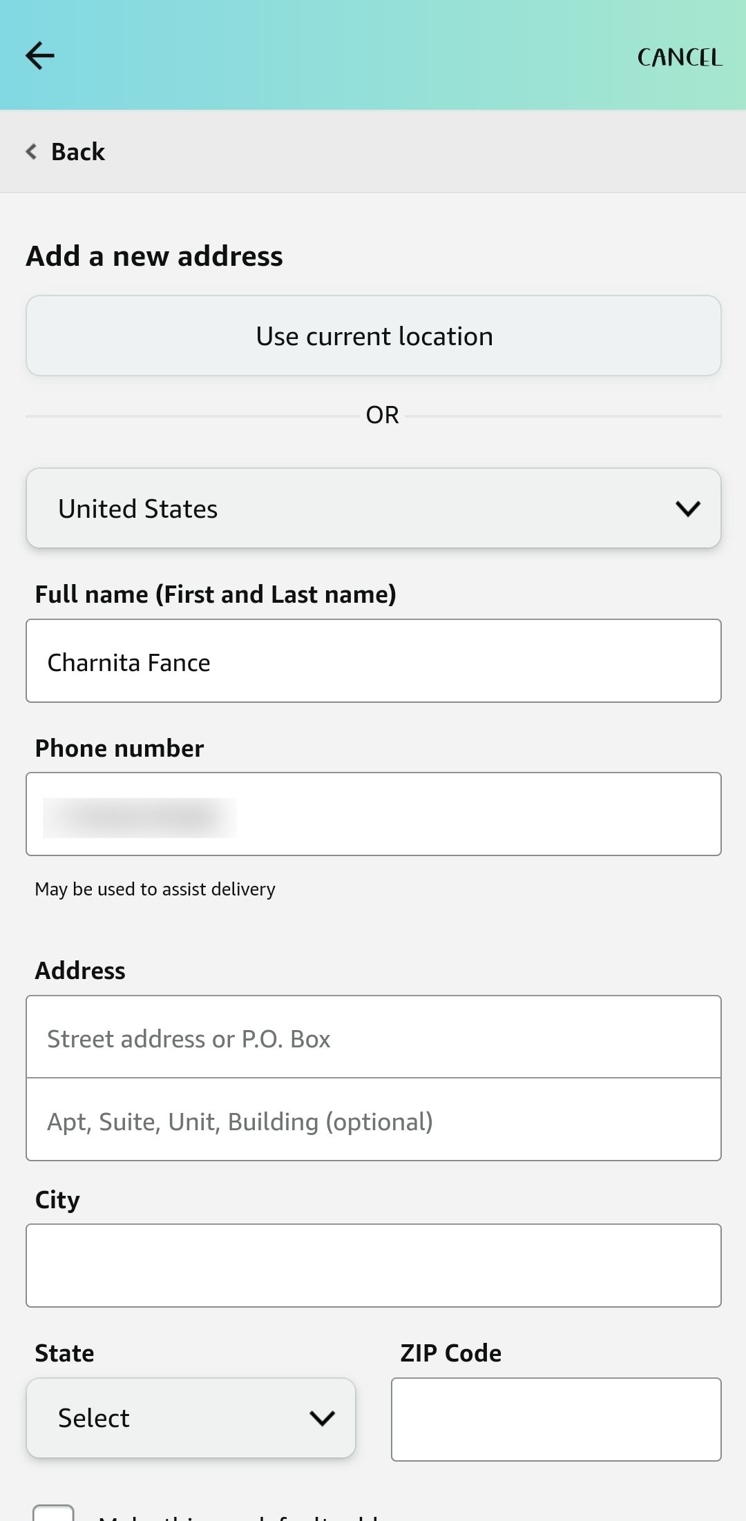 Add a new address at Amazon checkout in the mobile app
