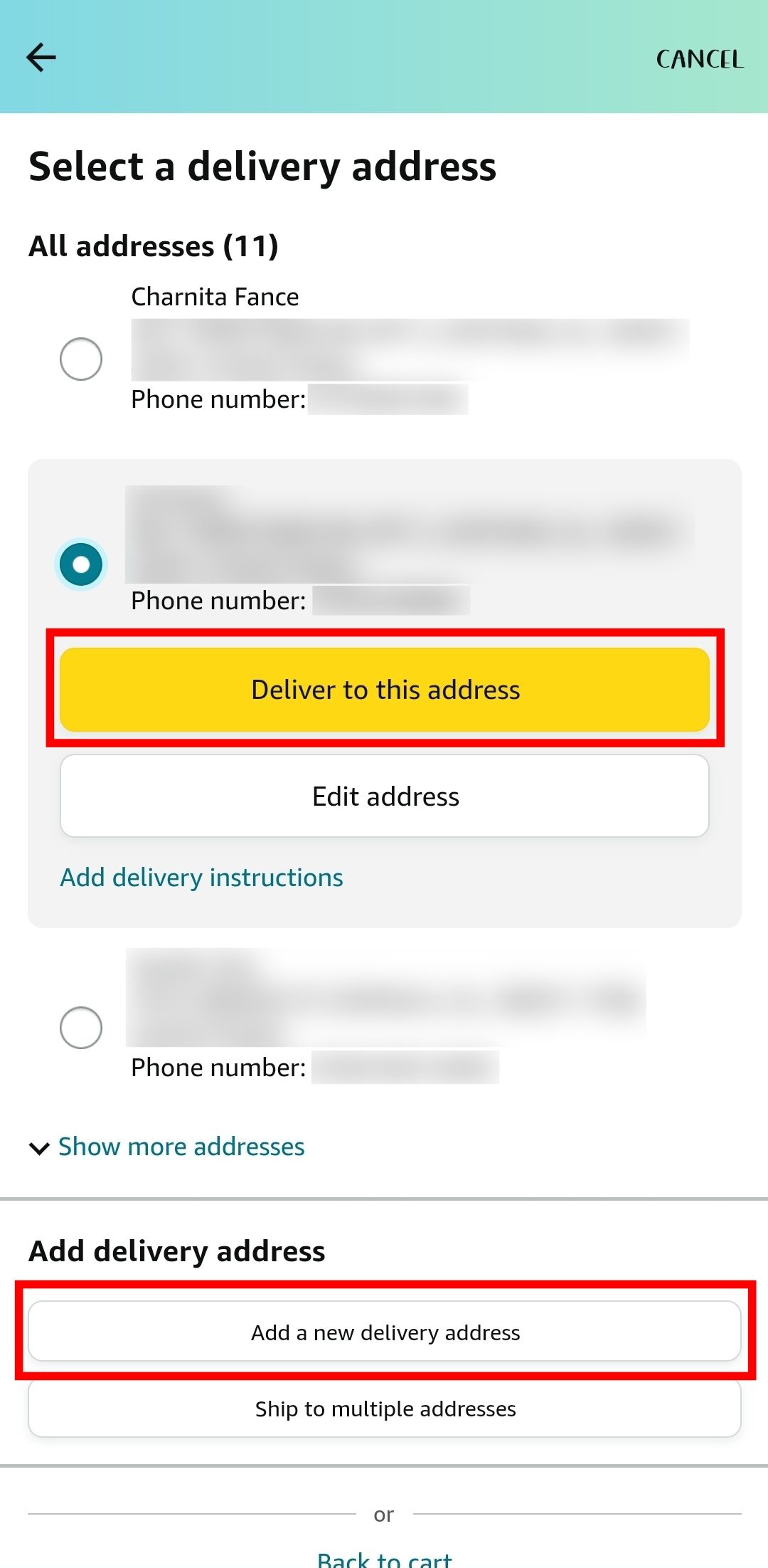 Choose a new address or select add a new delivery address in the Amazon mobile app at checkout