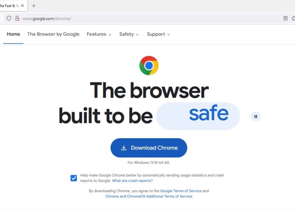 The Google Chrome download page