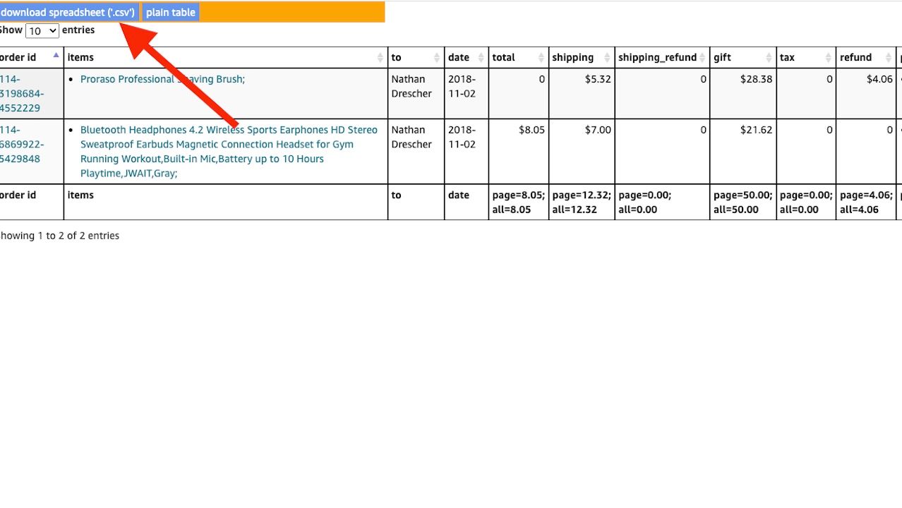 A online web page showing several Amazon orders organized in a table with a red arrow pointing to a blue button that says come by spreadsheet.