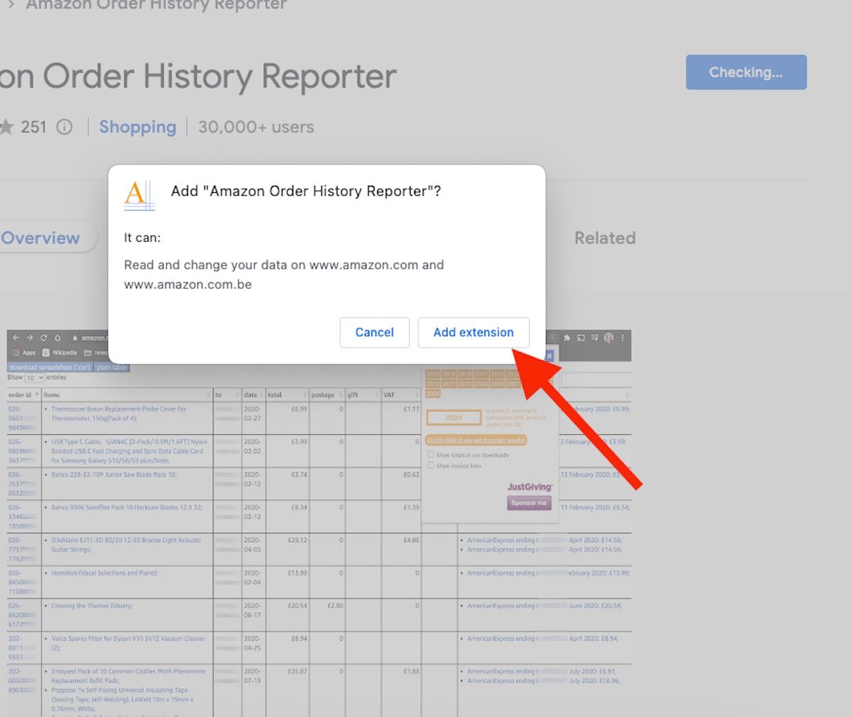 A pop up on the Chrome web retailer asking for permission to put in Amazon Assert Historical past Reporter extension with a red arrow pointing to Add extension.