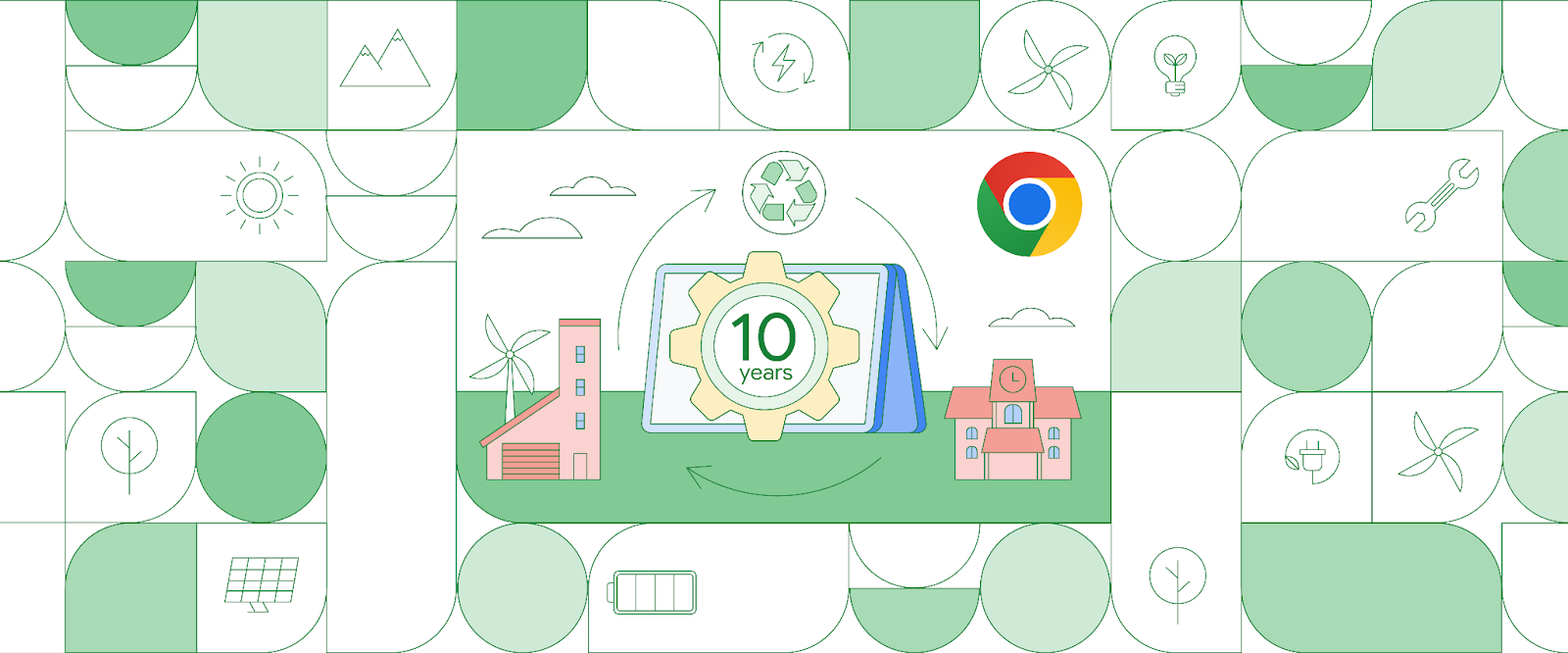 Green and white circles and shapes encompass surroundings of a Chromebook convertible with “10 years” written on it. The Chromebook is surrounded by college and change buildings and a Chrome logo.