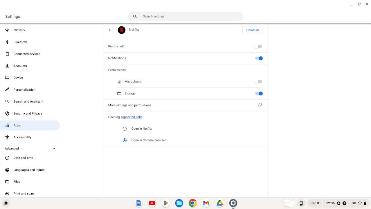 Netflix app settings in ChromeOS