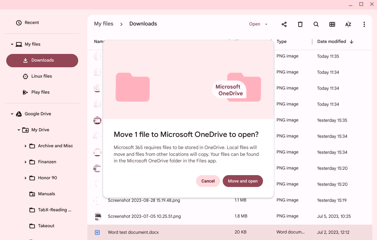 Screenshot of Microsoft Office prompting to move file to OneDrive to open it on ChromeOS