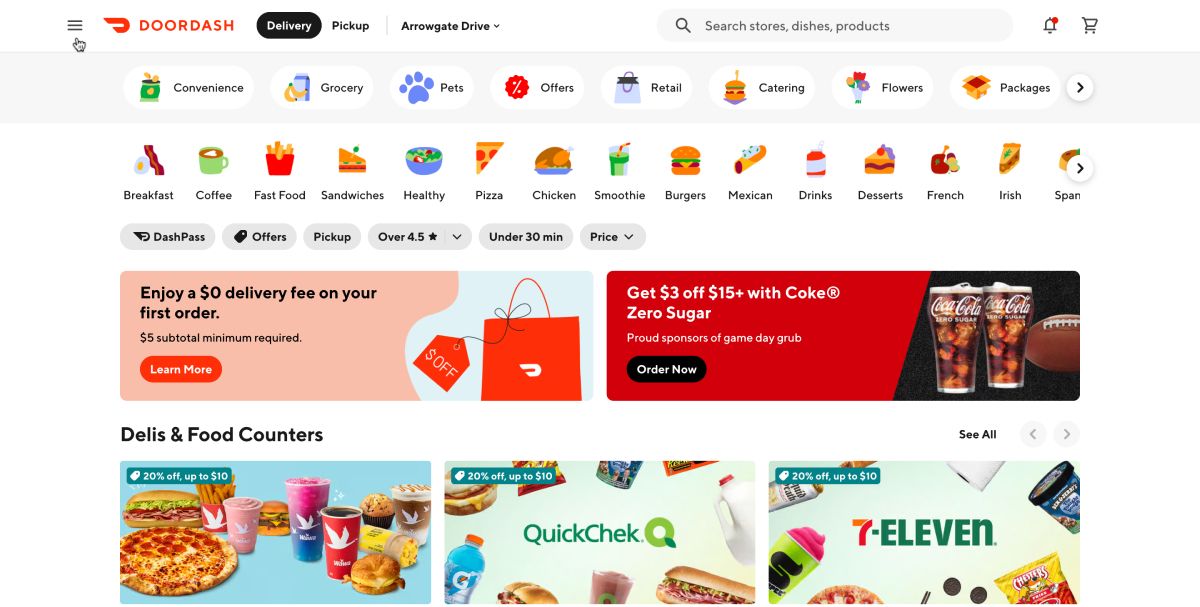 Three lines in the discontinue-left-corner of DoorDash's homepage