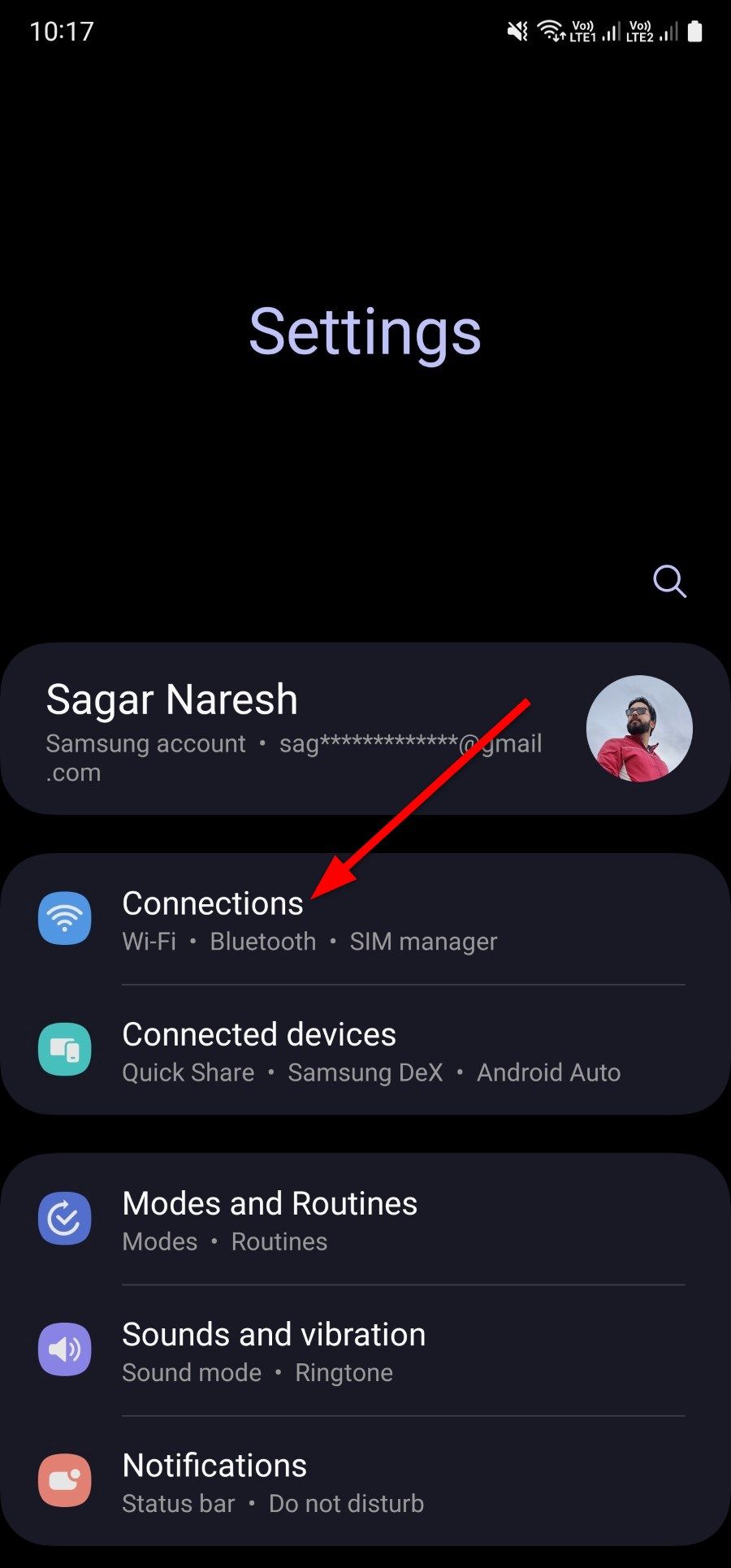 Connections menu in Samsung Galaxy S22 Ultra Settings