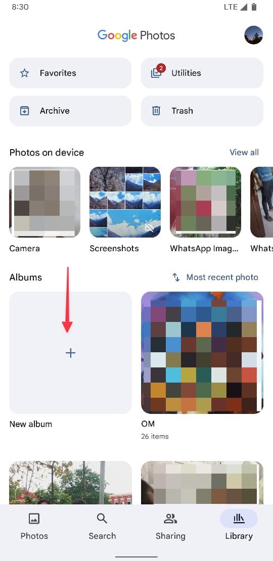 Google Photos app Library tab screenshot showing New Album button