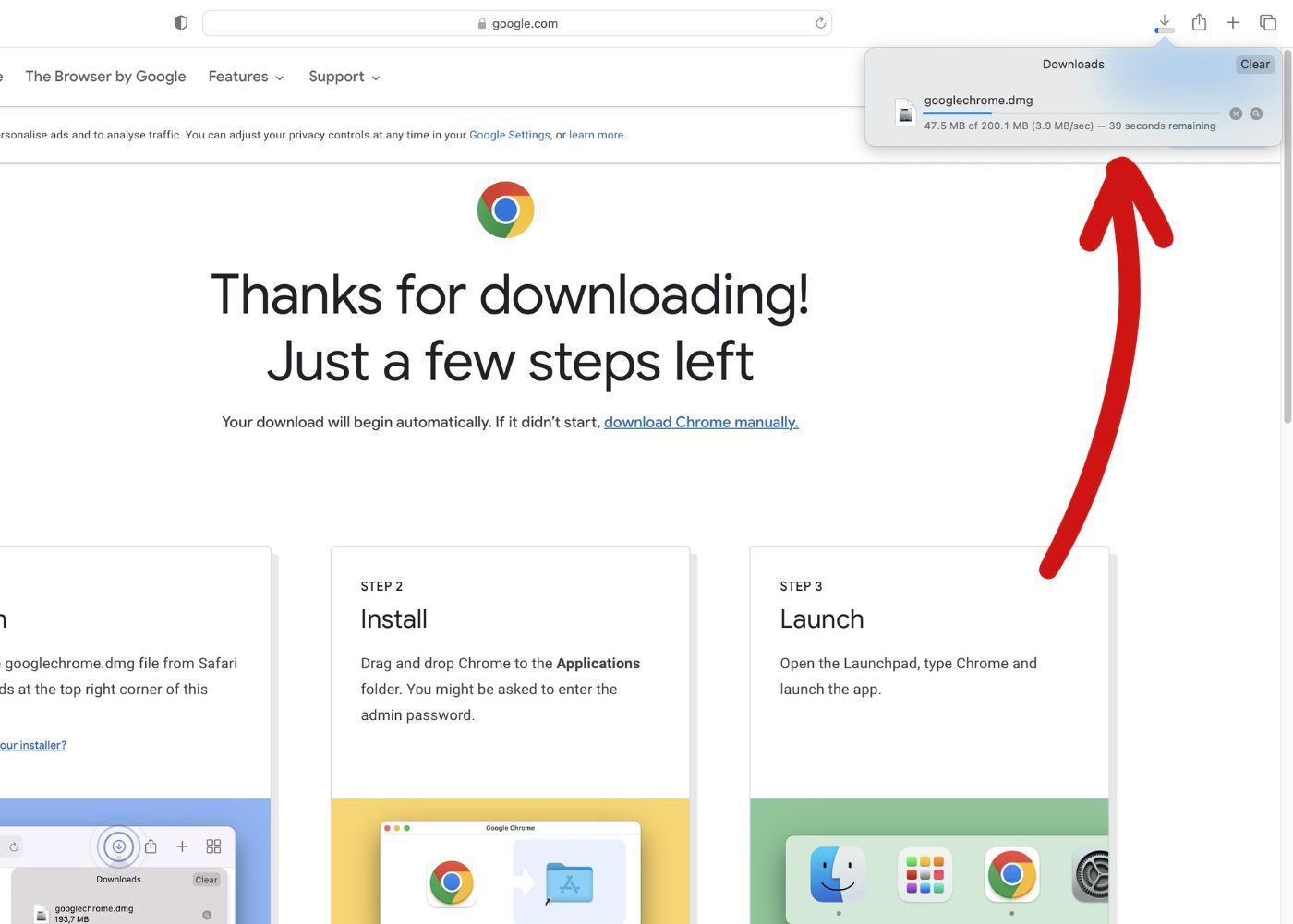 Screenshot of the Chrome installer being downloaded