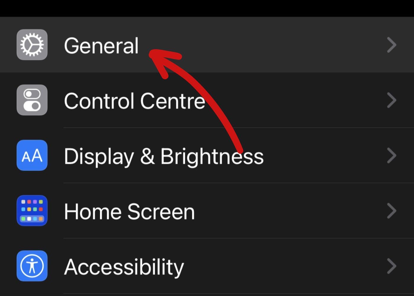 screenshot of iOS device with an arrow pointing to general settings icon