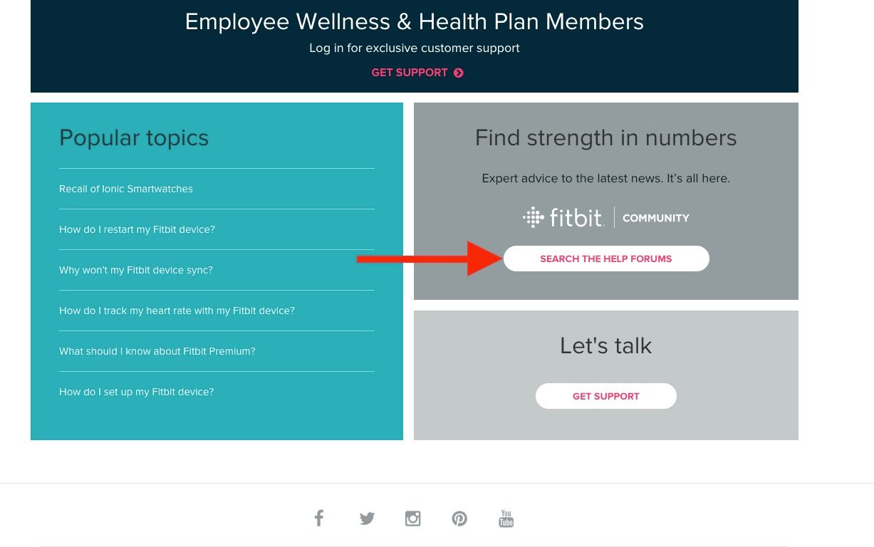 Fitbit crimson meat up page with a crimson arrow pointing to the Search the relieve boards button.