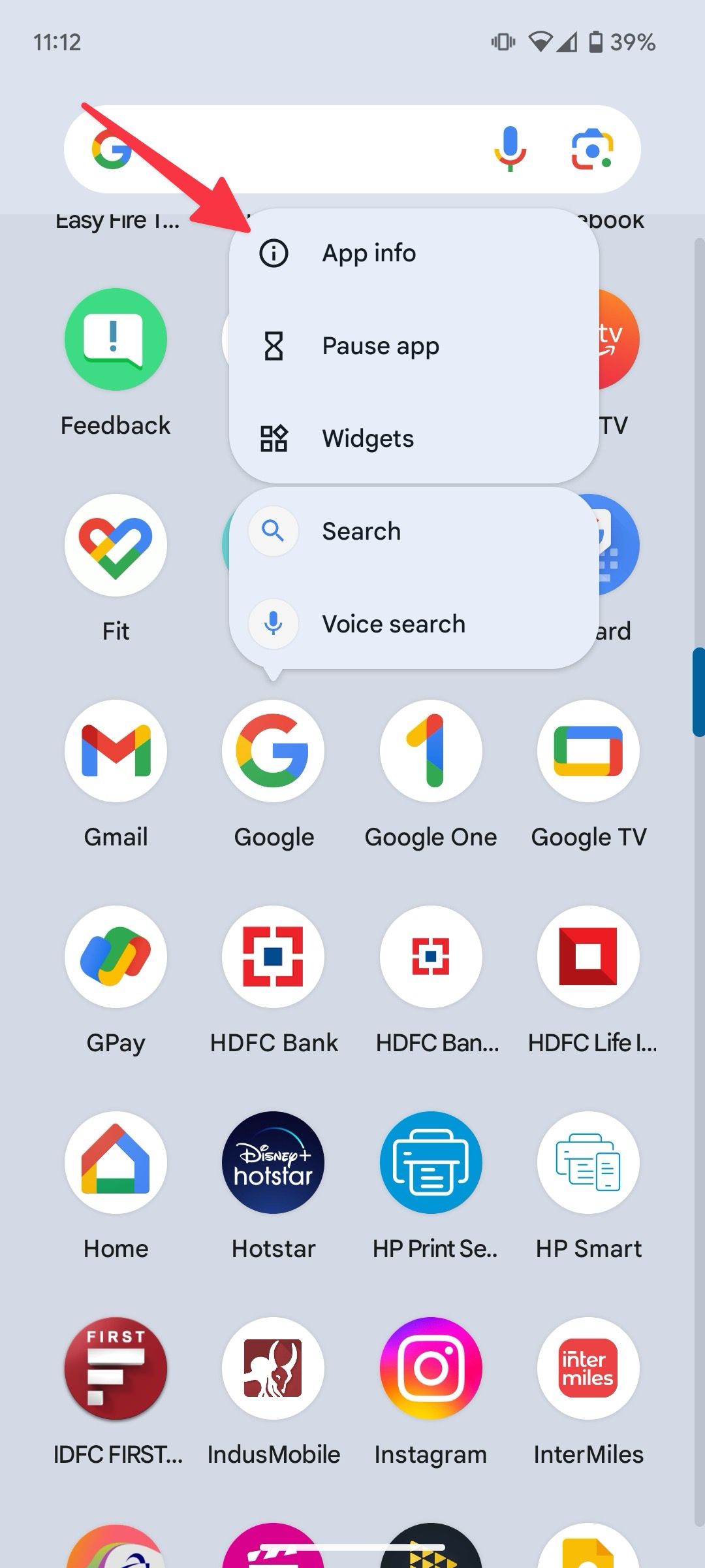 begin Google app info menu