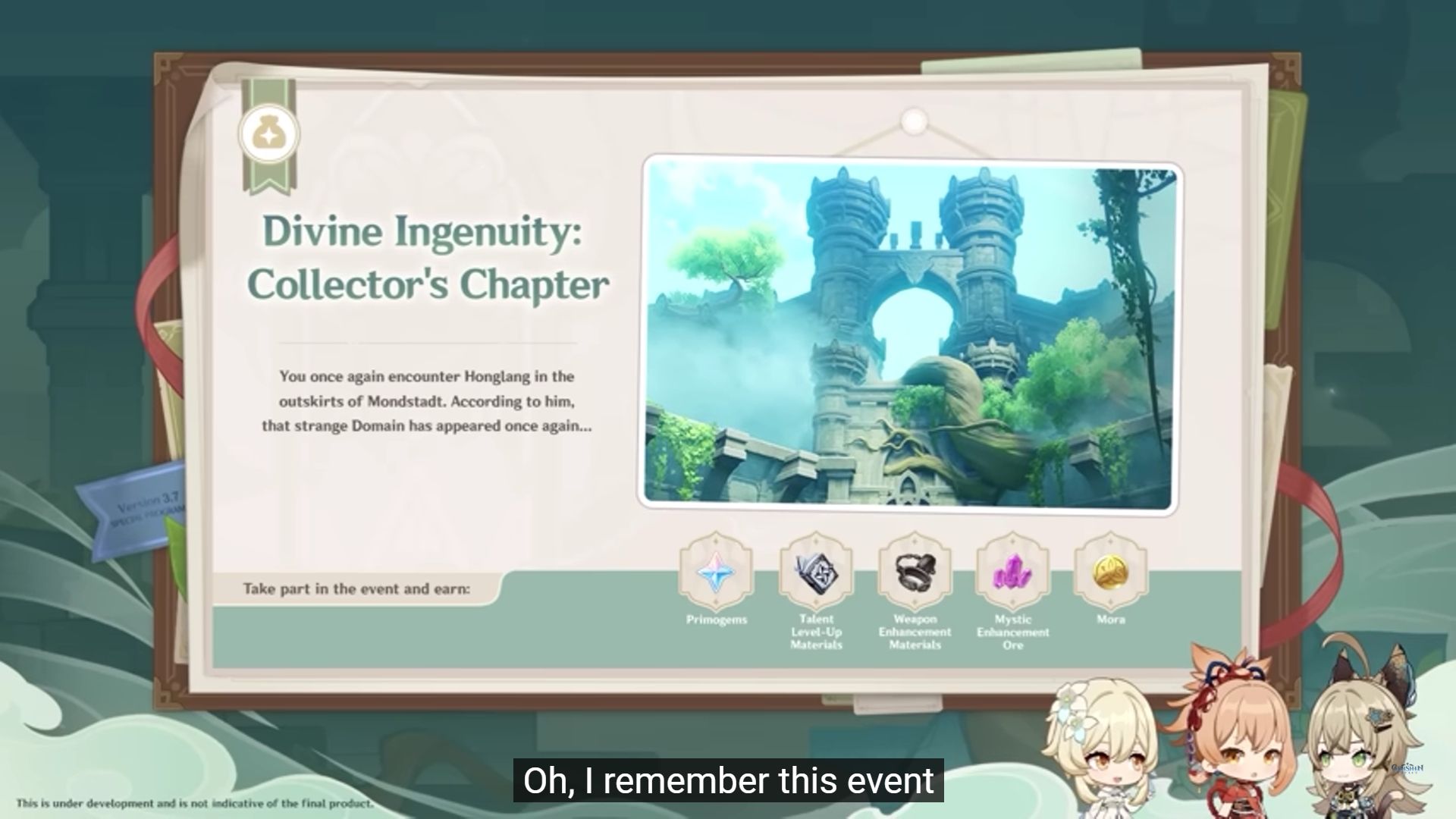 Divine Ingenuity match prevew from 3.1 livestream with three chibi and subtitle yell