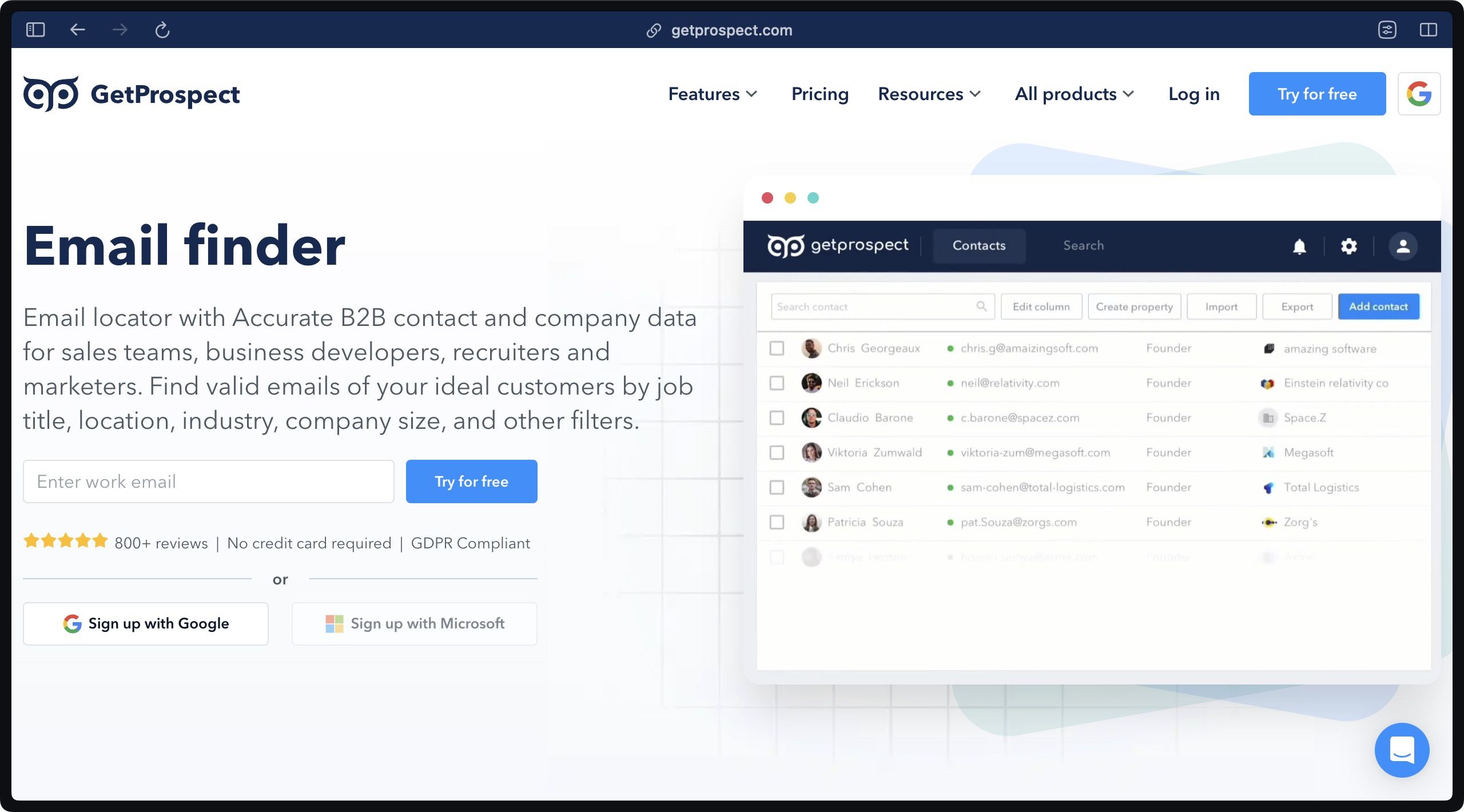 GetProspect homepage screenshot