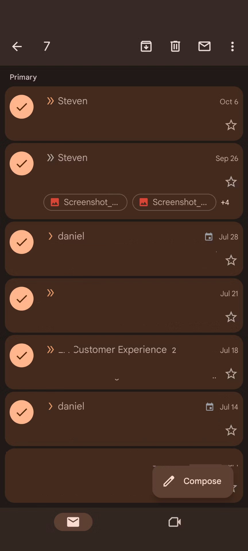 A screenshot of the Gmail app for Android with multiple messages selected