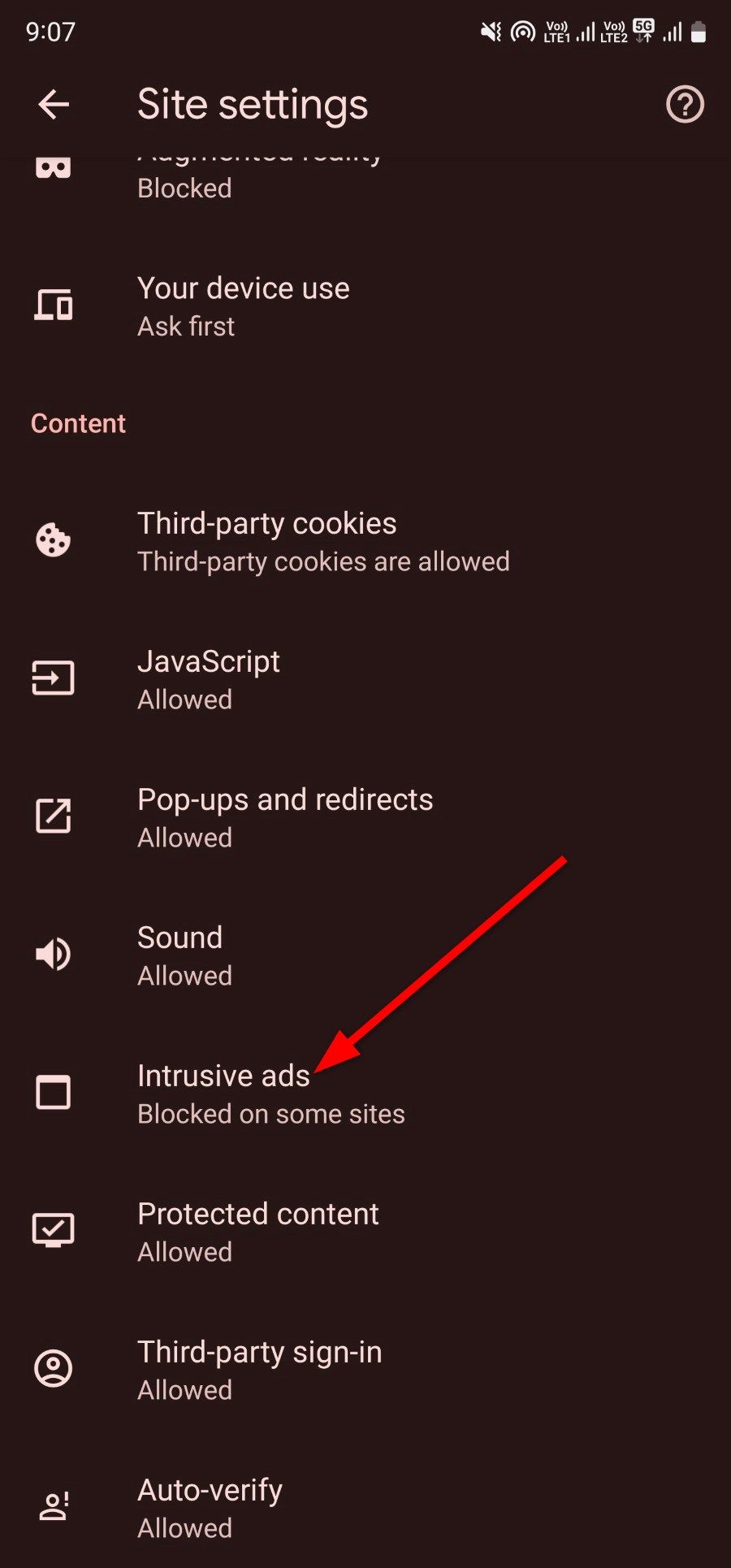 Google Chrome Intrusive Ads option on Android