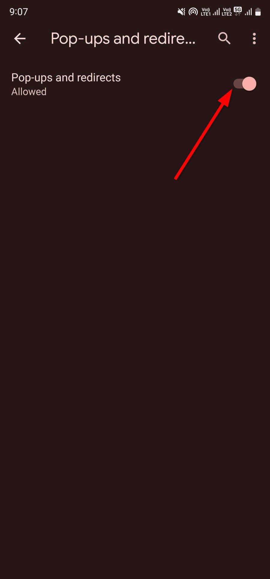 Google Chrome Pop ups and redirects option turned on Android