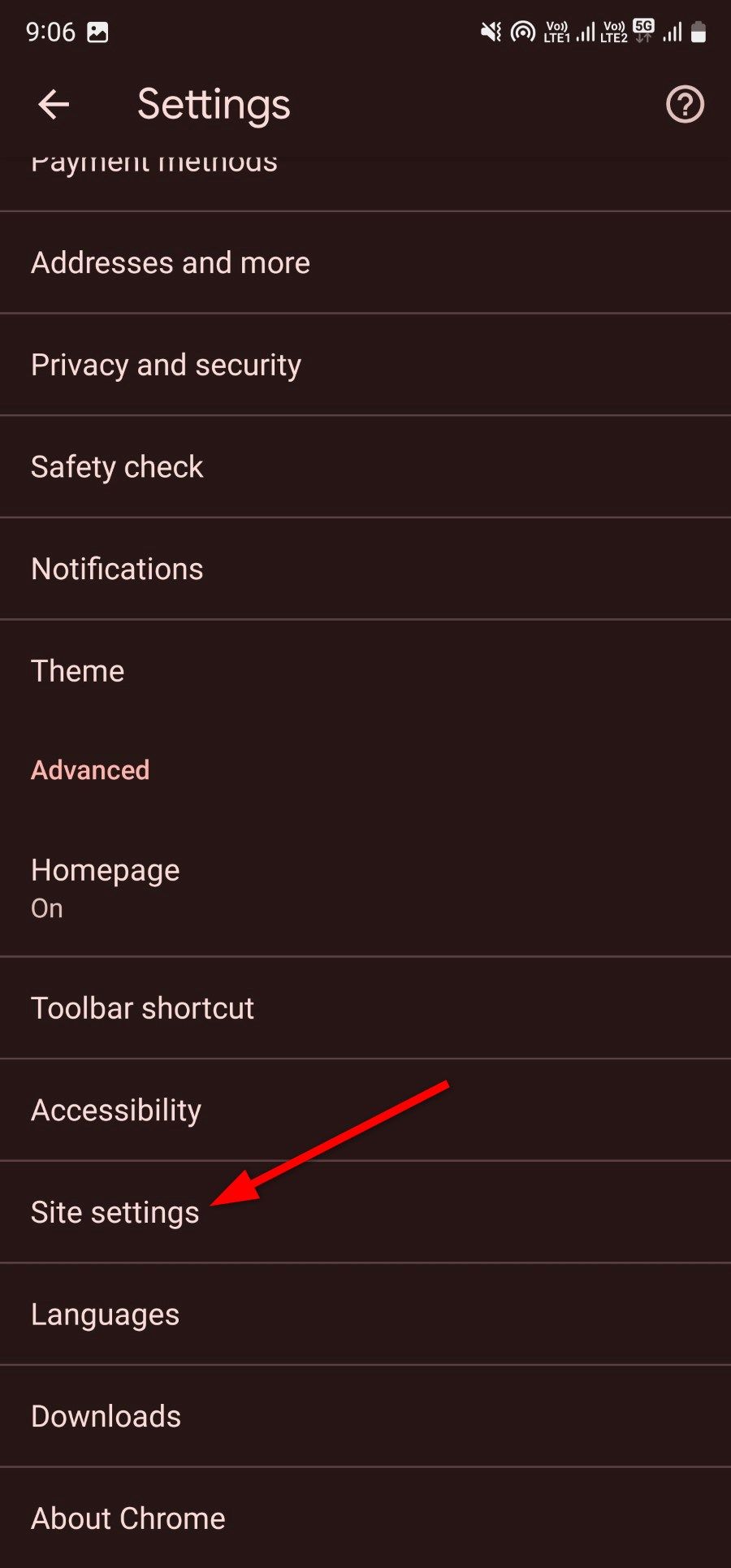 Google Chrome Site Settings option on Android