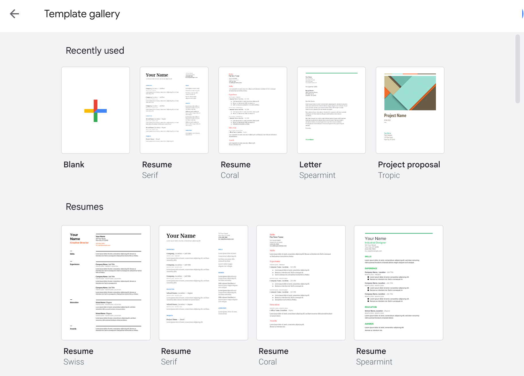 The Google Docs template gallery.