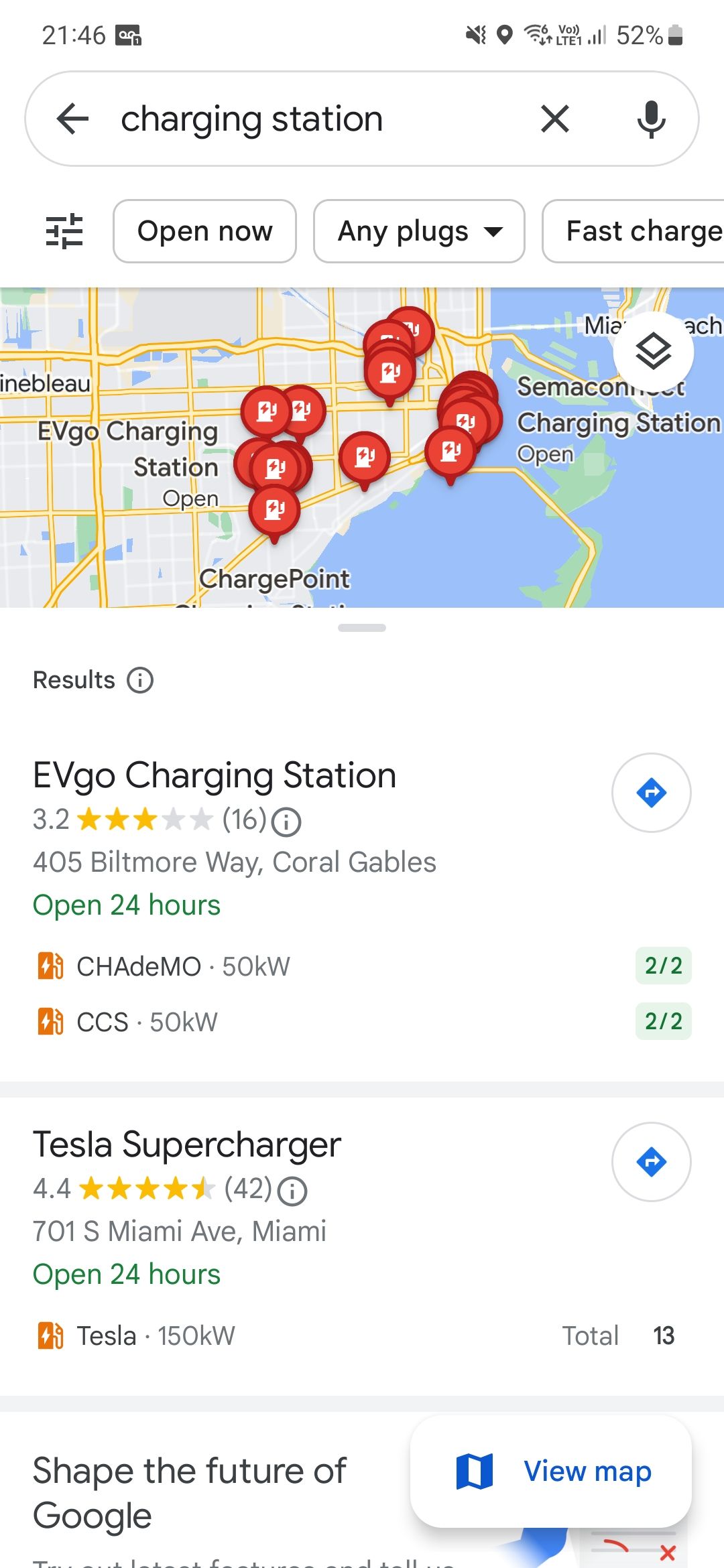 A screenshot of Google Maps displaying EV charging stations
