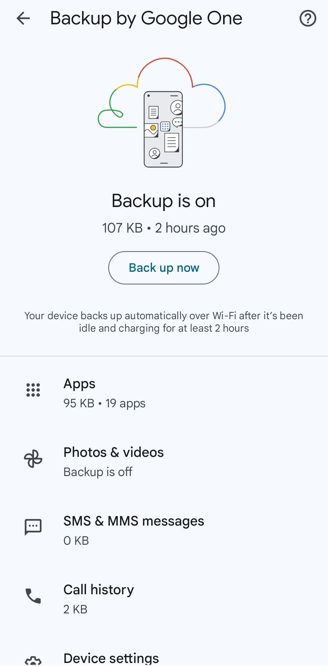Screenshot of 'Back up now' option in Google One