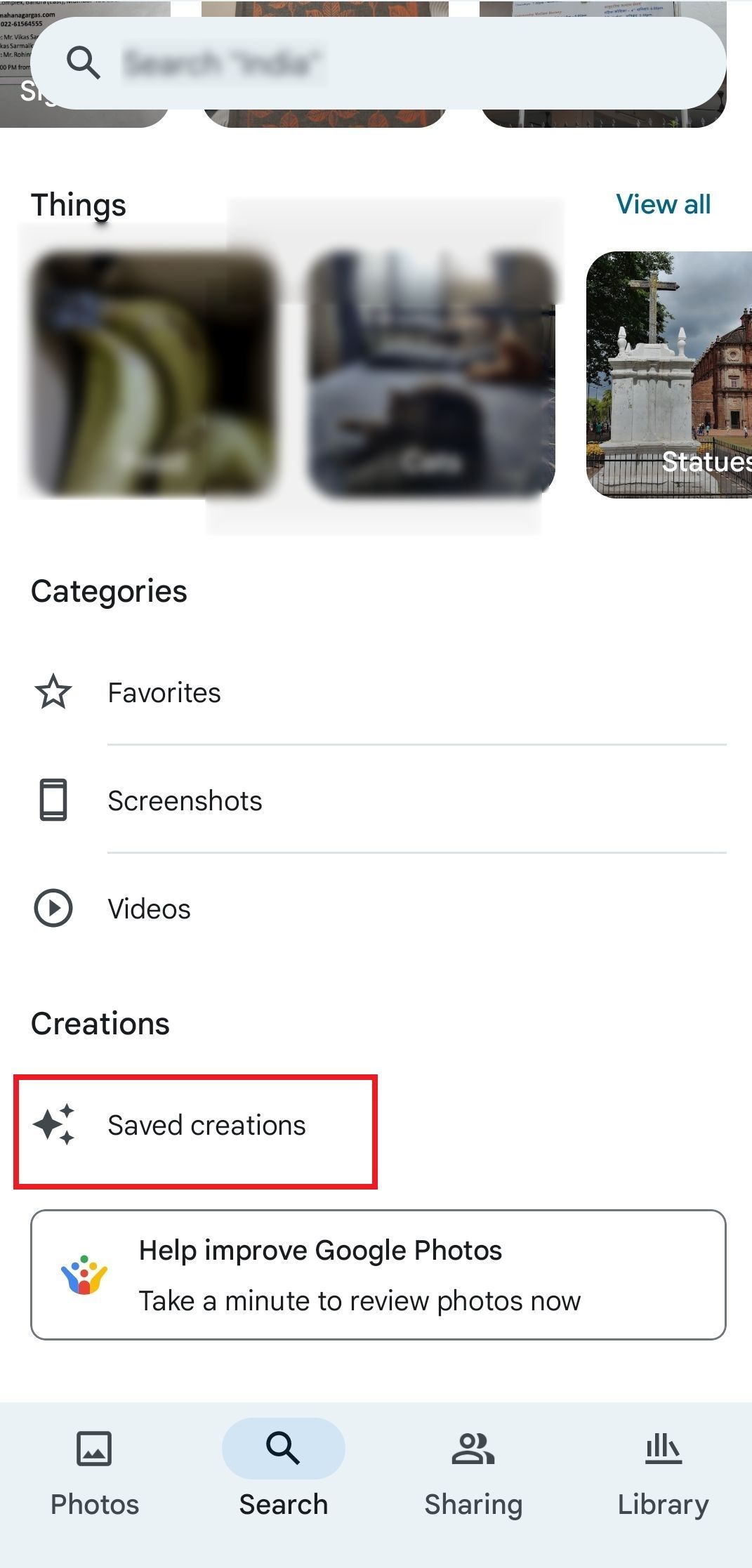 Screenshot highlighting Saved creations in Google Photos
