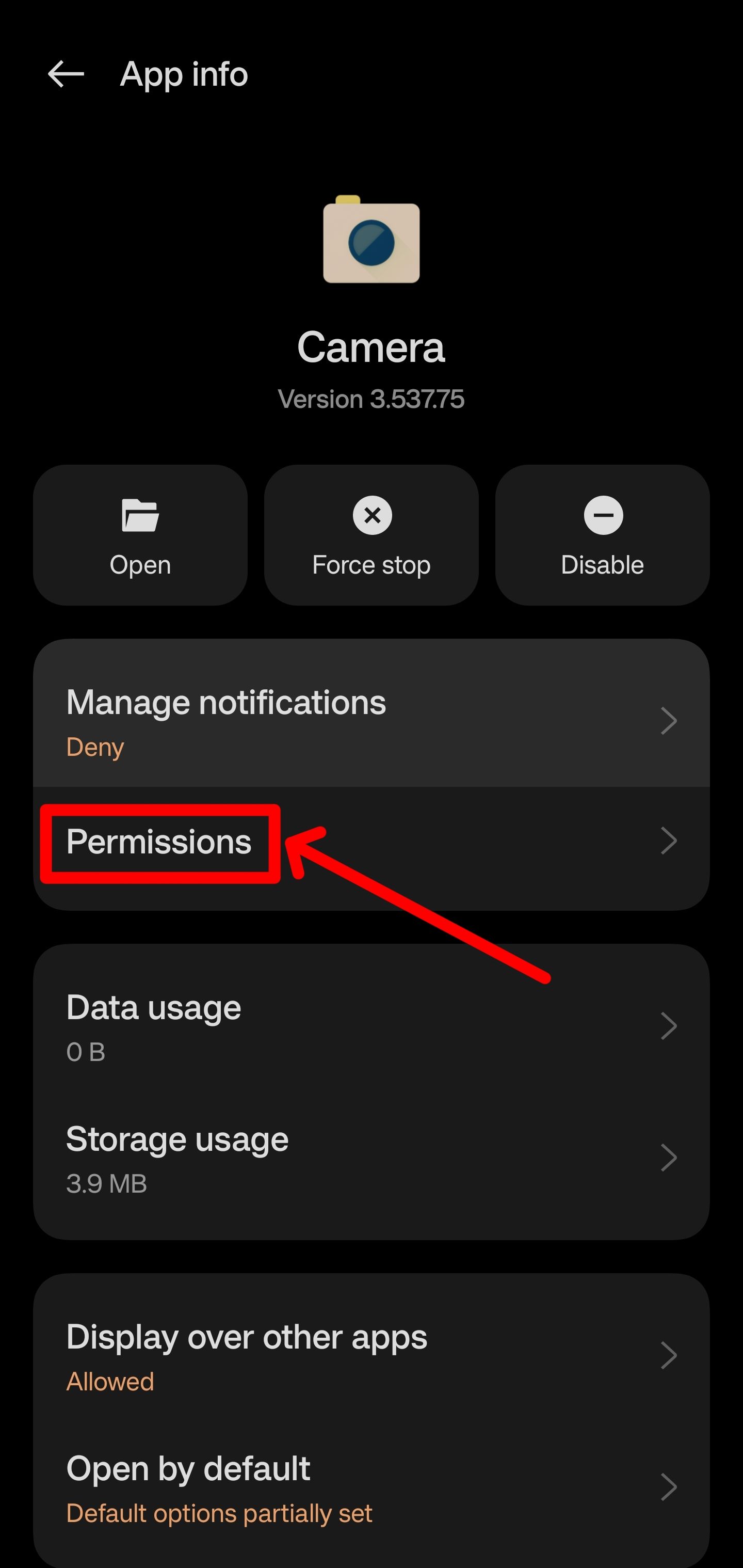 Tap Permissions to access info such as location tracking permissions.