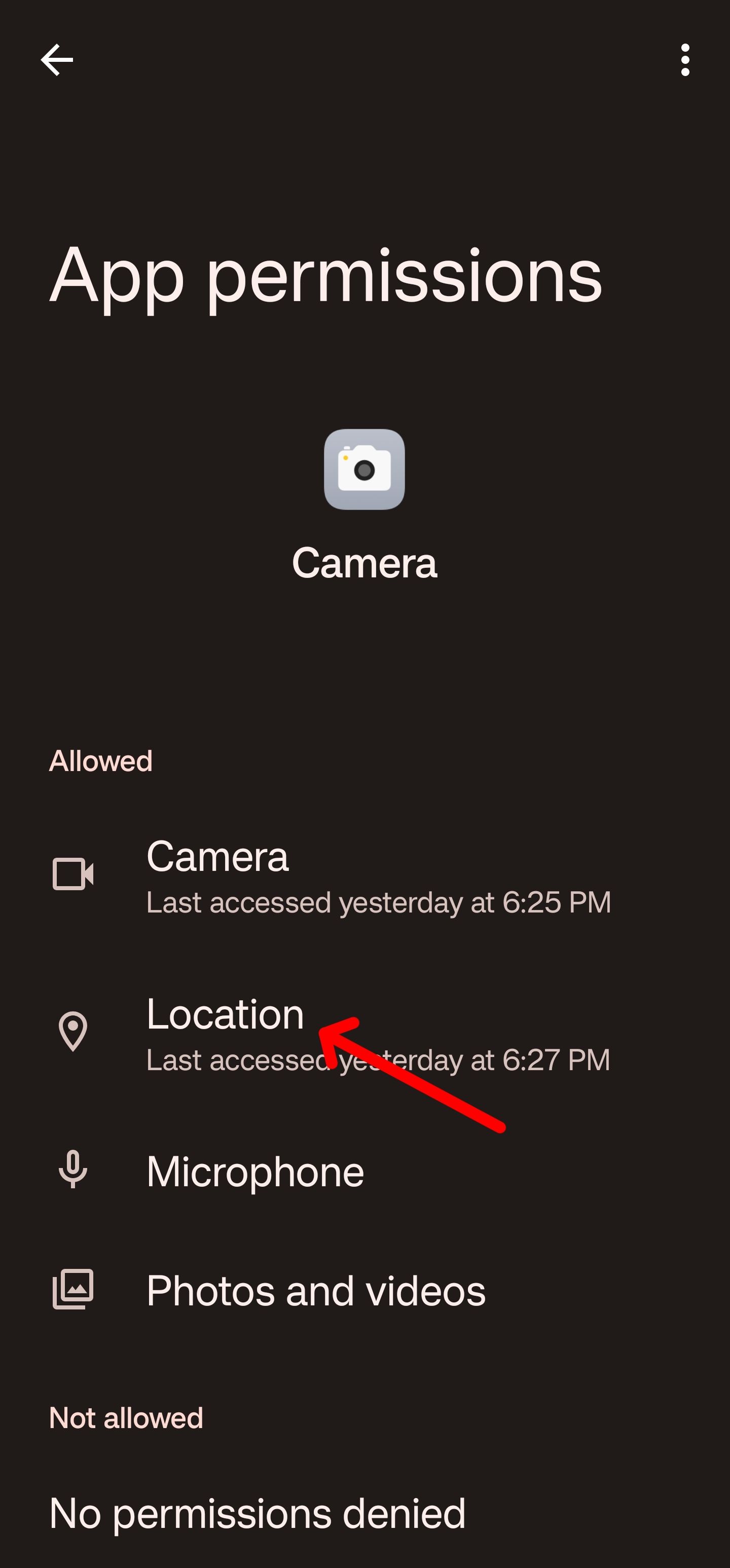 Tap location to access location permissions.