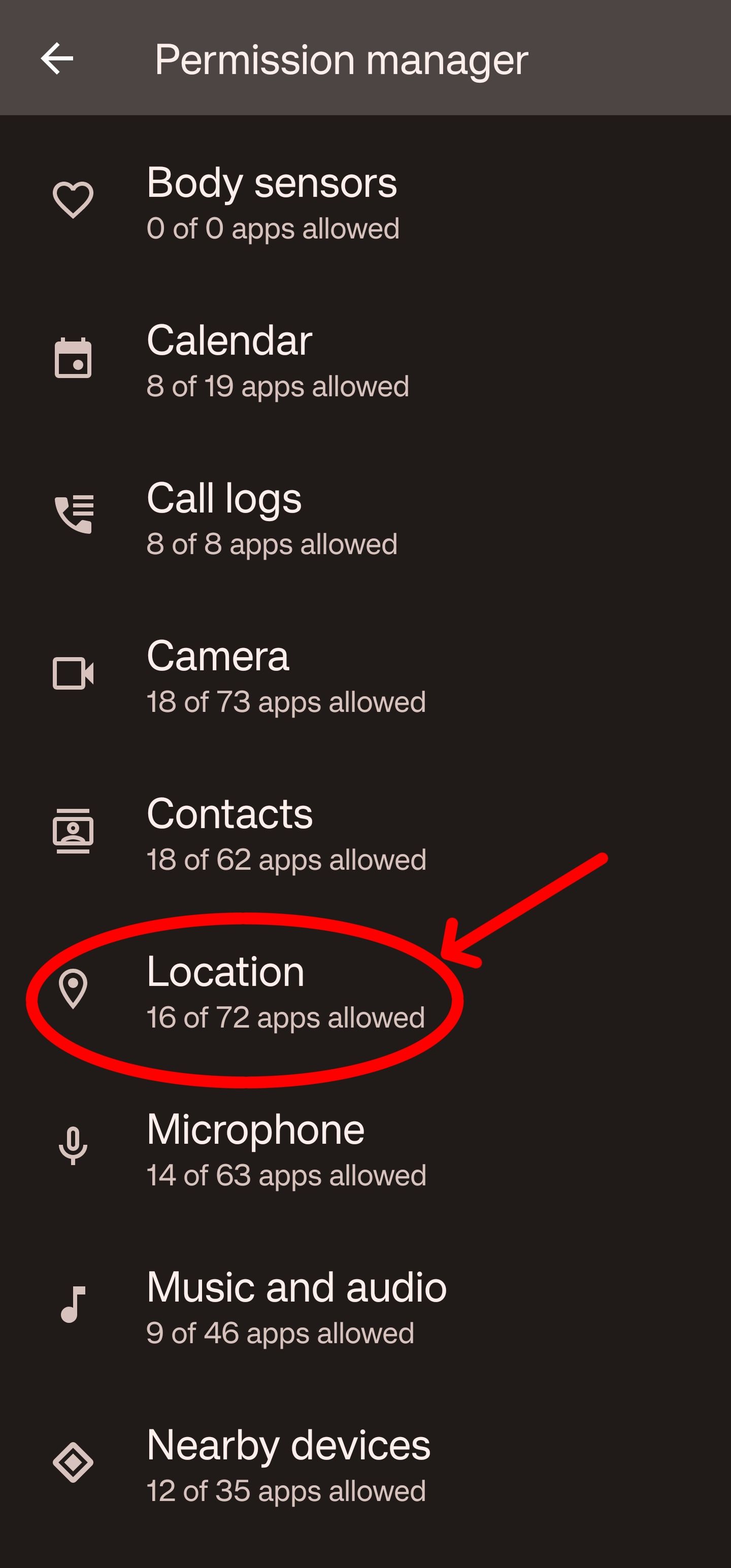 Tap location to see which apps have location permissions.