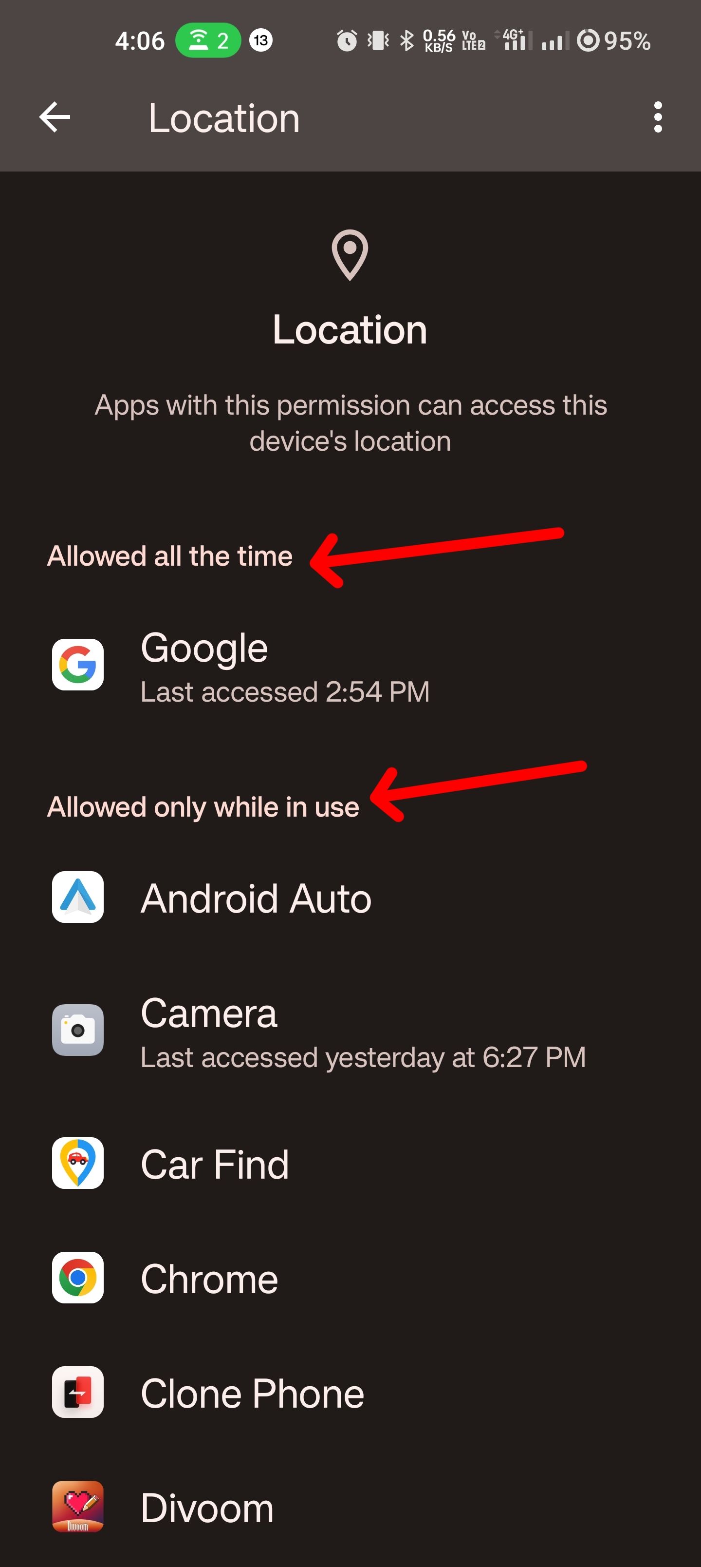 Click on an app in one of these two sections to change its location access permissions.