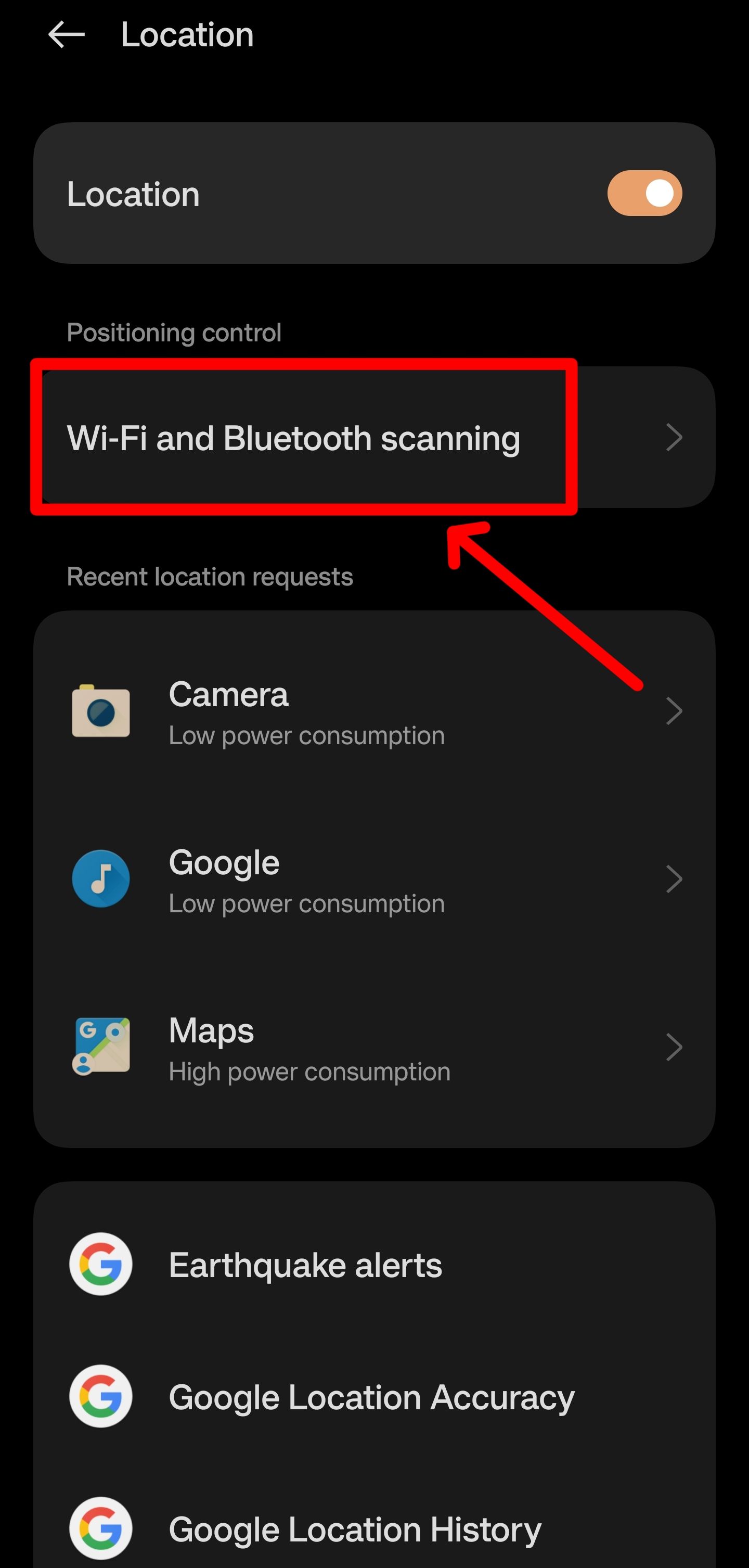 Select Wi-Fi and Bluetooth scanning to access their location options.