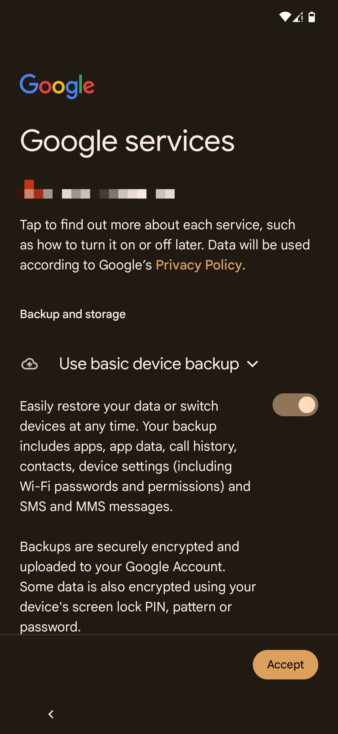 Accepting terms and conditions of Google services