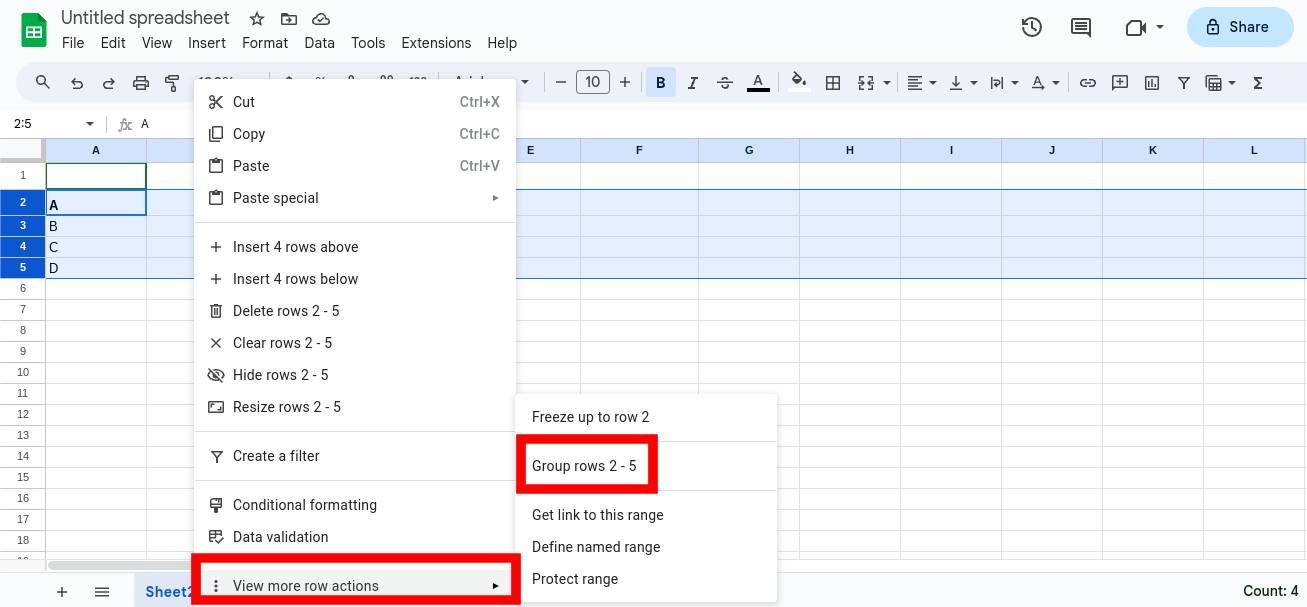 Screenshot of Google Sheets spreadsheet row administration menu with key highlighted alternate choices
