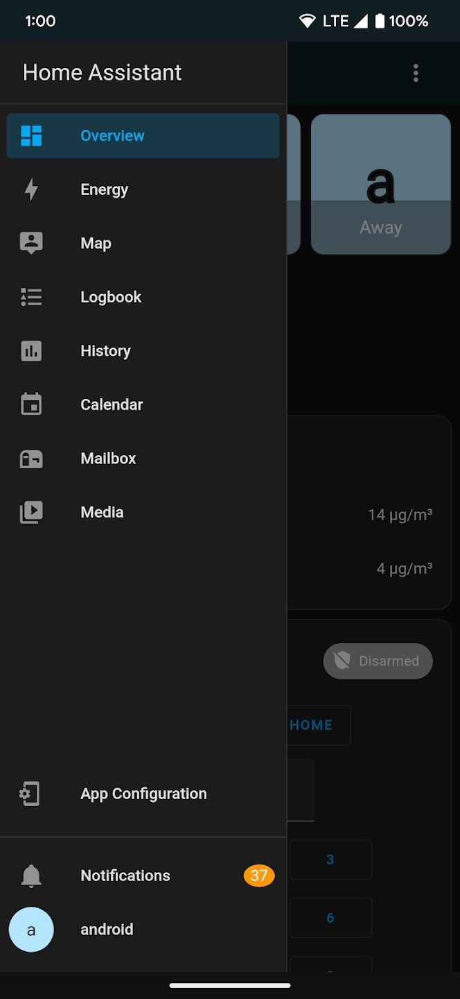Screenshot of the Home Assistant app dashboard