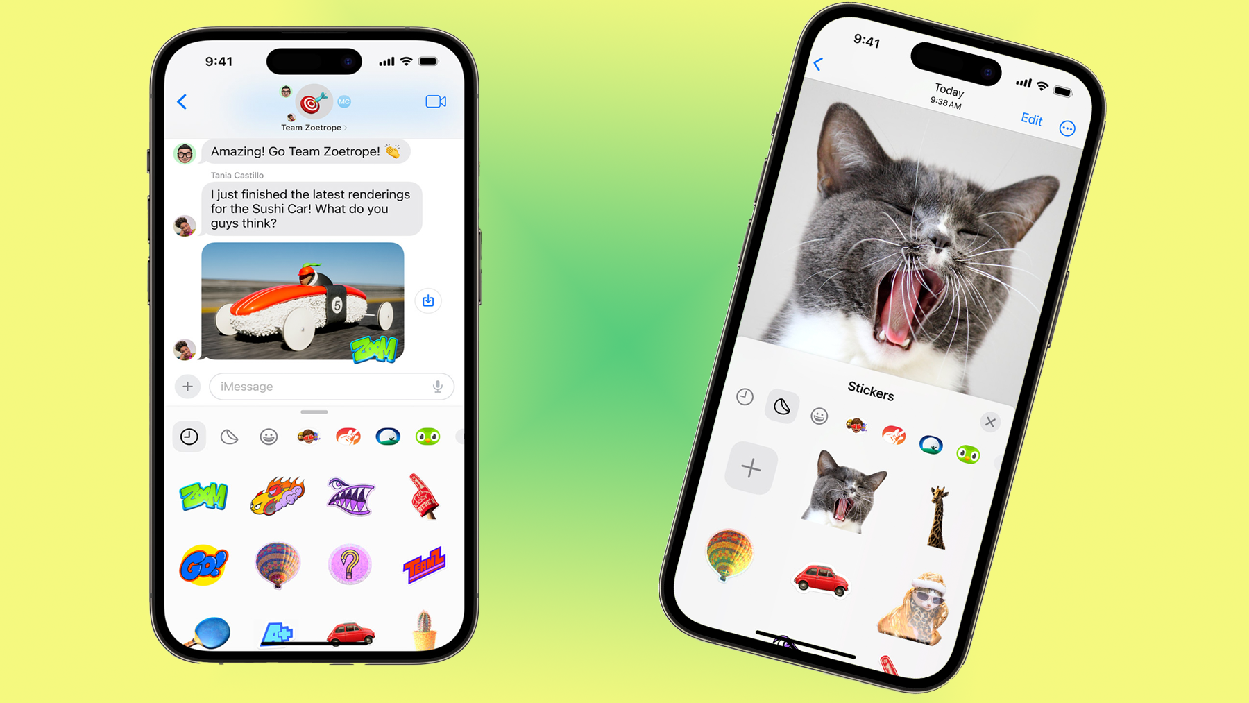 Two iPhones have the iOS 17 iMessage app displayed. One shows animated stickers while the other shows custom stickers