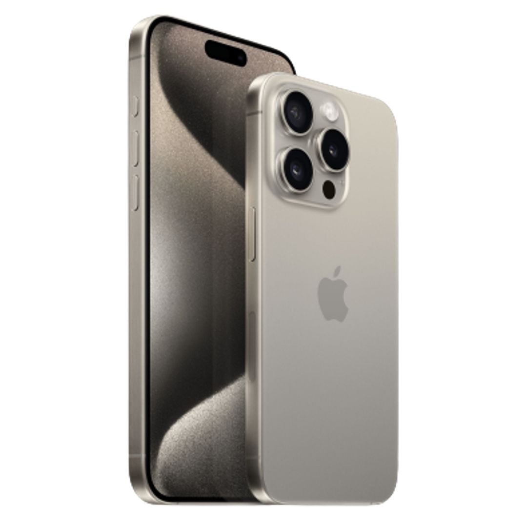 iPhone-15-pro-max, angled front and back views