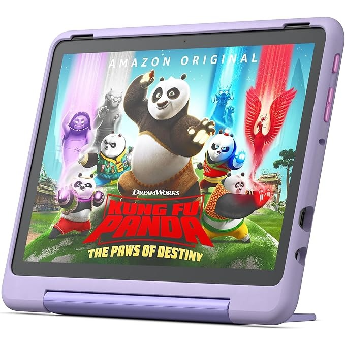 A purple Amazon Fire HD 10 Kids Pro tablet with a Kung Fu Panda splash screen
