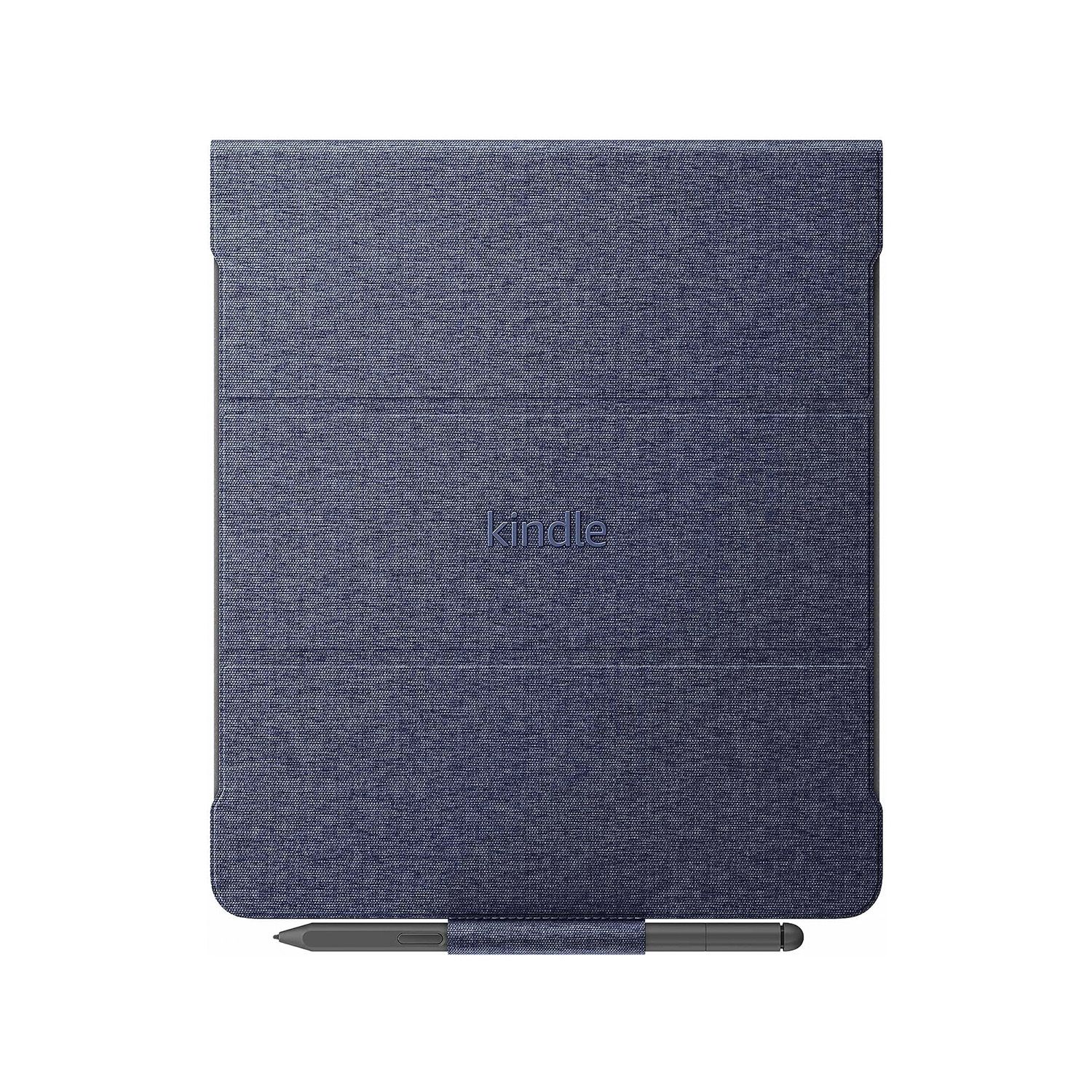 The Kindle Scribe Fabric Folio Cover attaches magnetically to the Kindle and can be folded up at multiple angles for note-taking. 