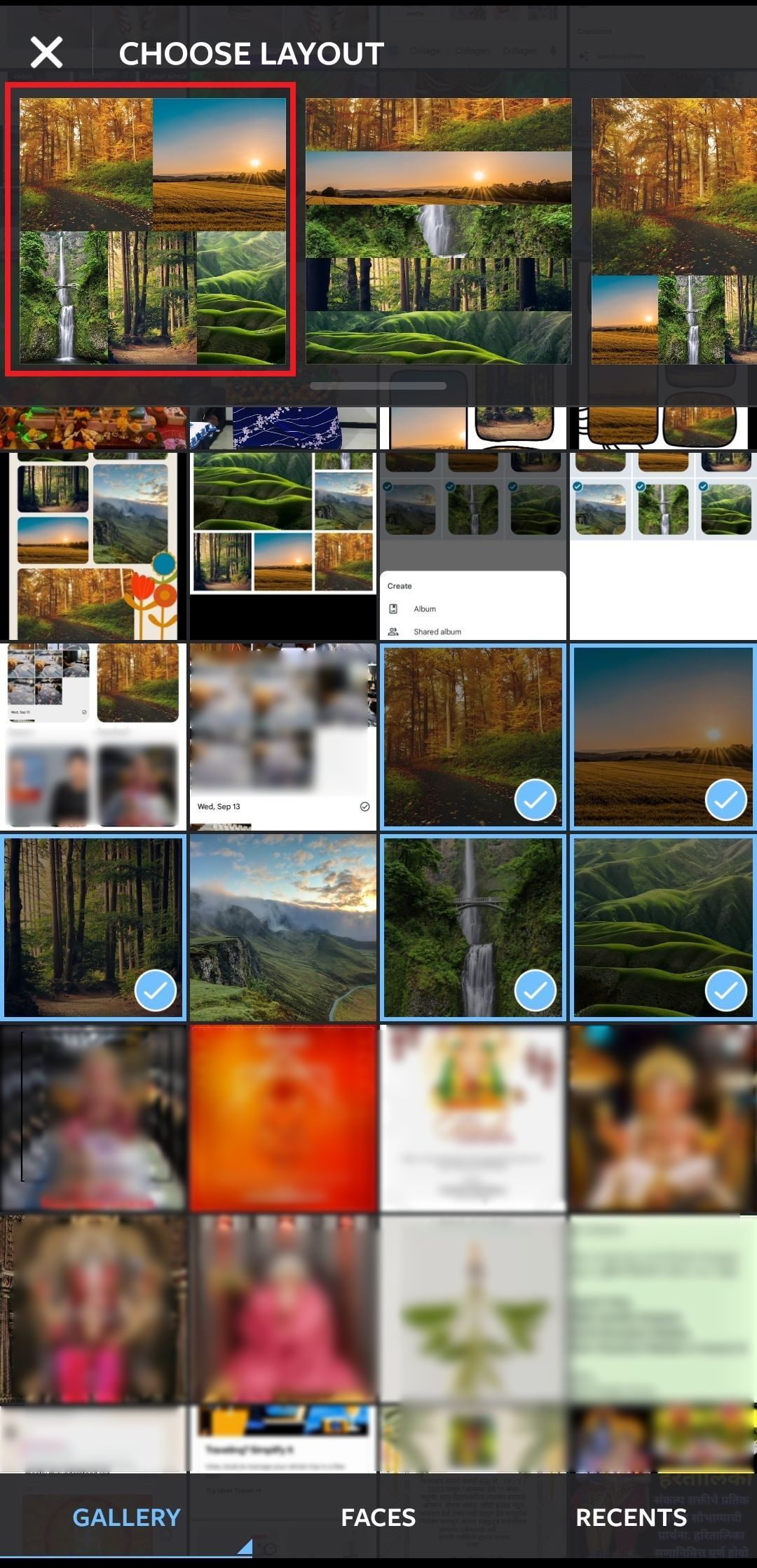Screenshot of collage layouts in Layout from Instagram