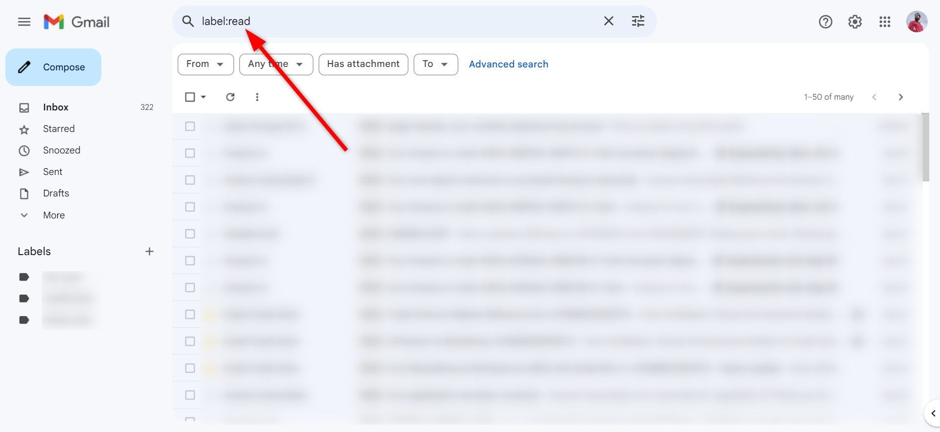 Listing the total be taught messages on Gmail web