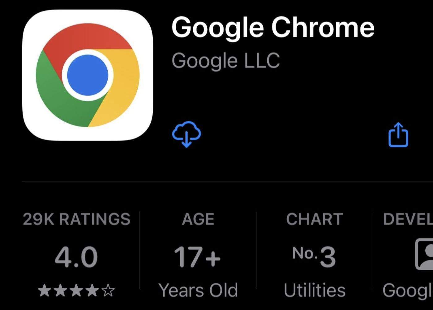 screenshot of iOS device with an arrow pointing to the official Google Chrome download page in the app store