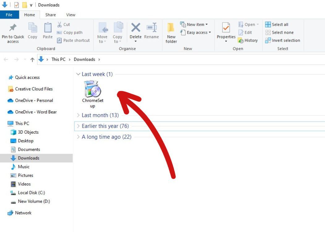 Screenshot of the Chrome installer in the downloads folder