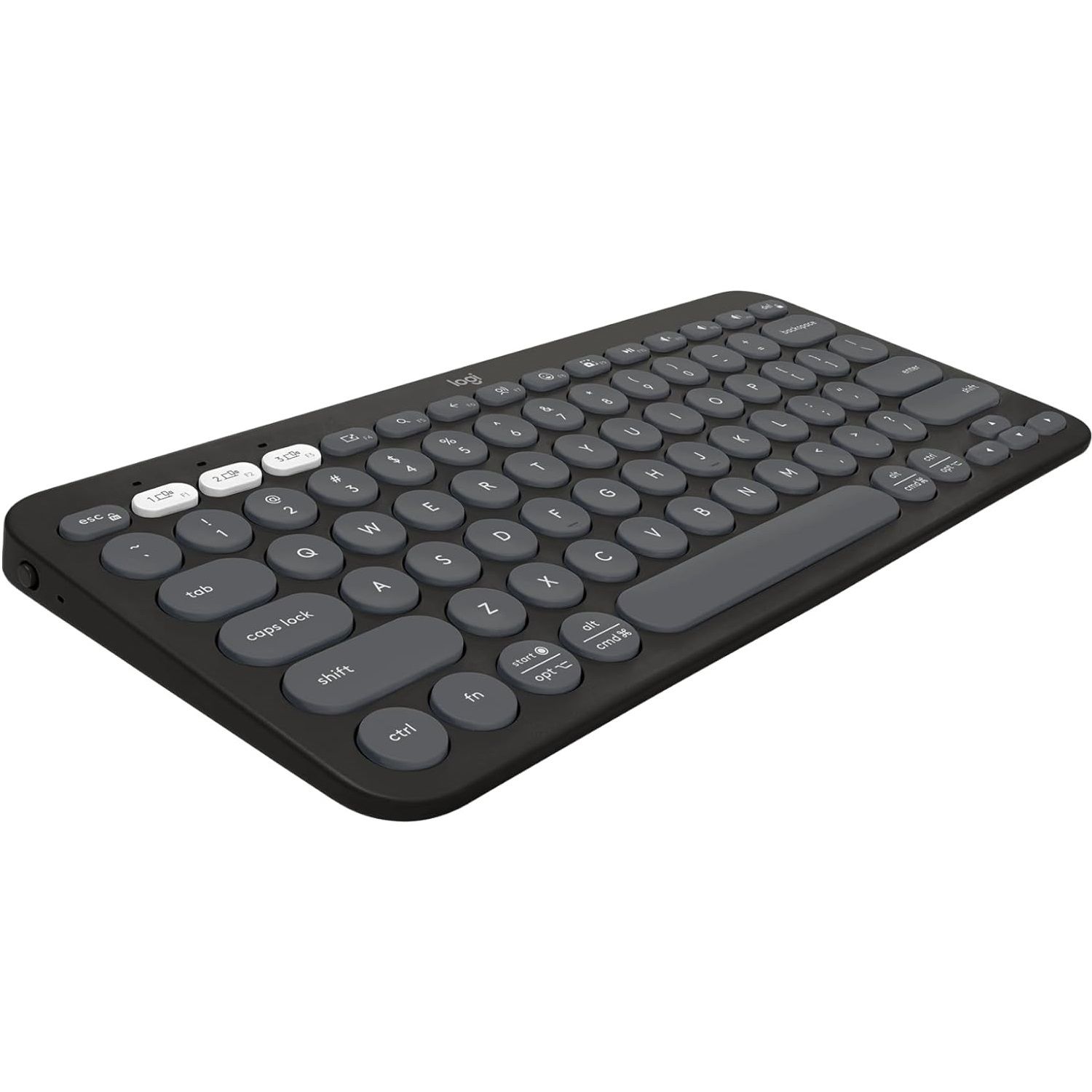 Logitech Pebble Keys 2 K380s keyboard positioned at an angle