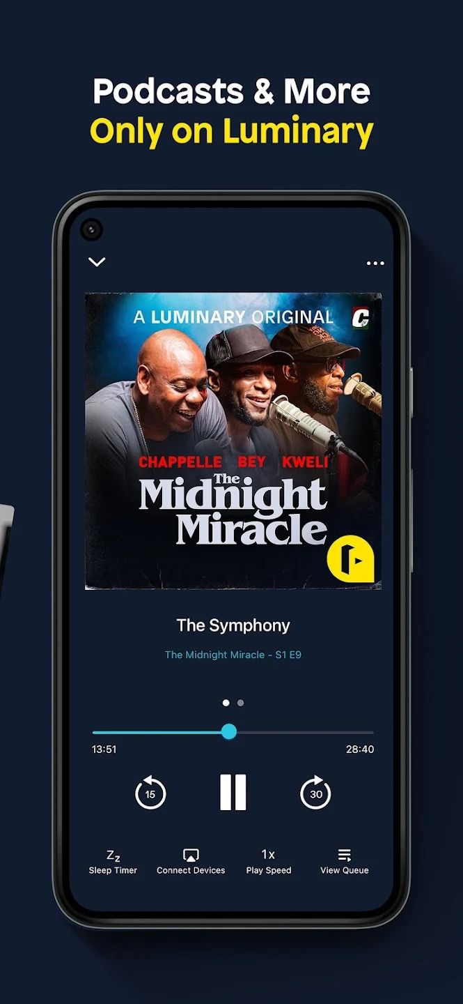 phone on dark blue background showing luminary app's audio player